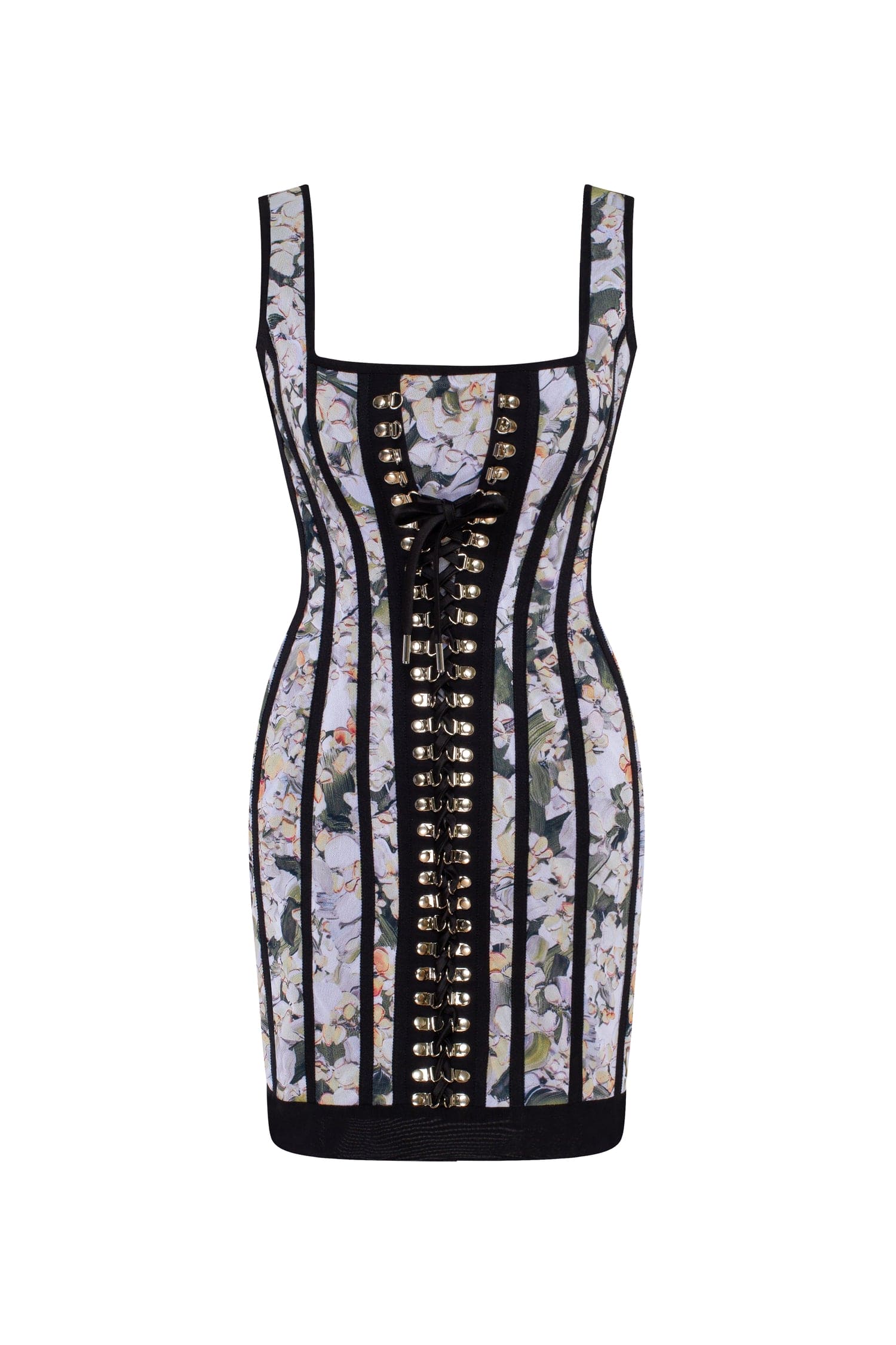 Alluring floral mini dress with bold lace-up hook closure - Image 2