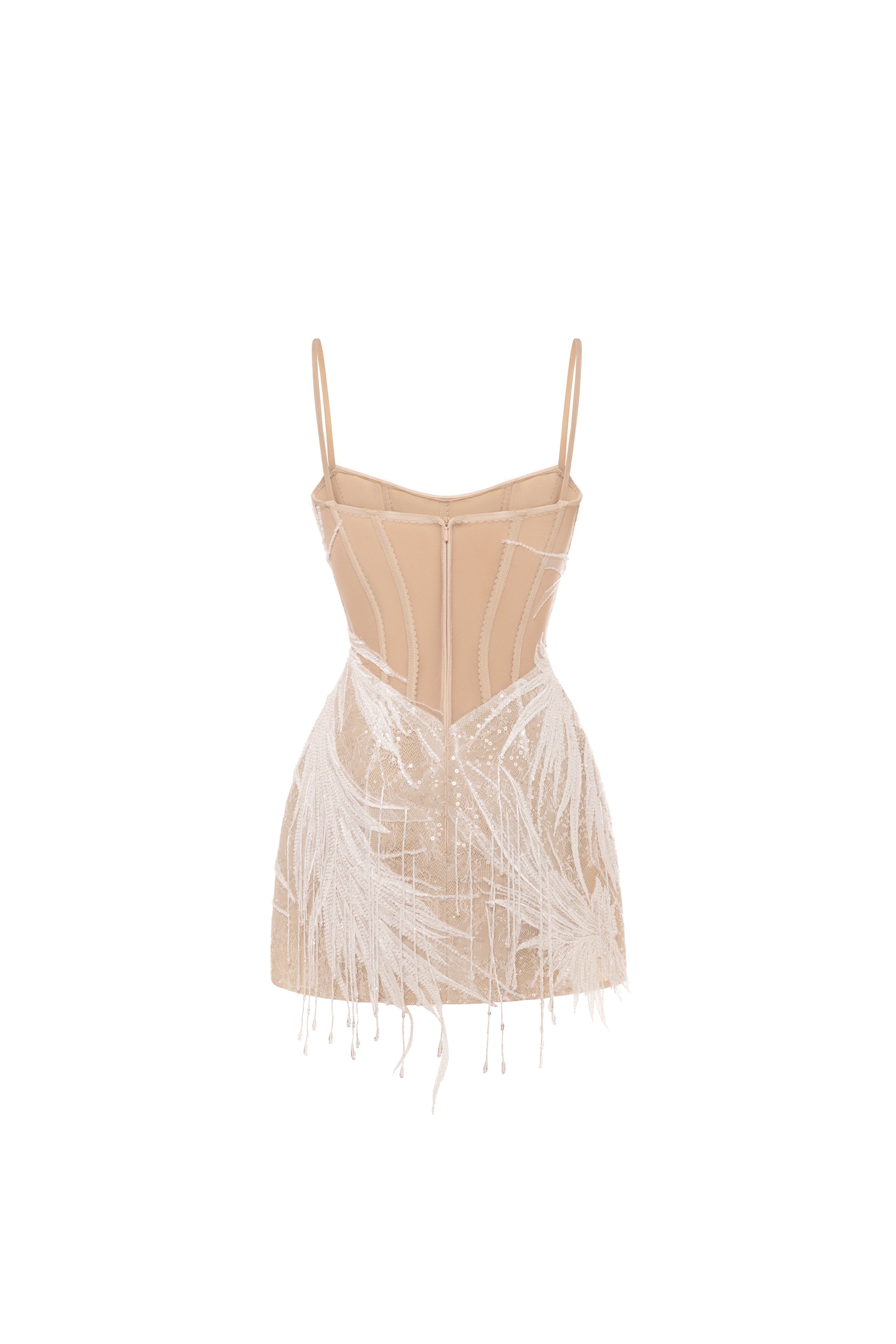 Beige lace corset mini dress embellished with sequins and fringes - Image 4
