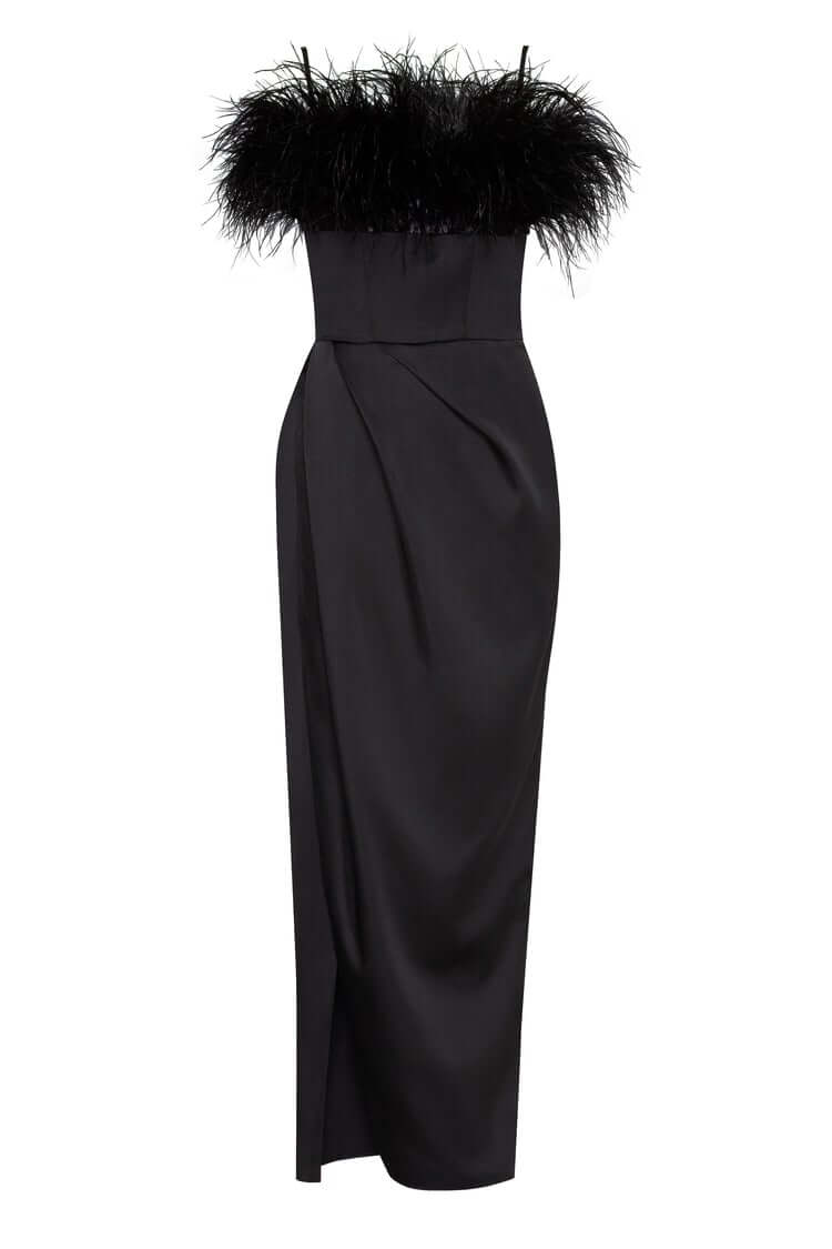 Black Celina Slip Midi Feathered Dress - Image 2