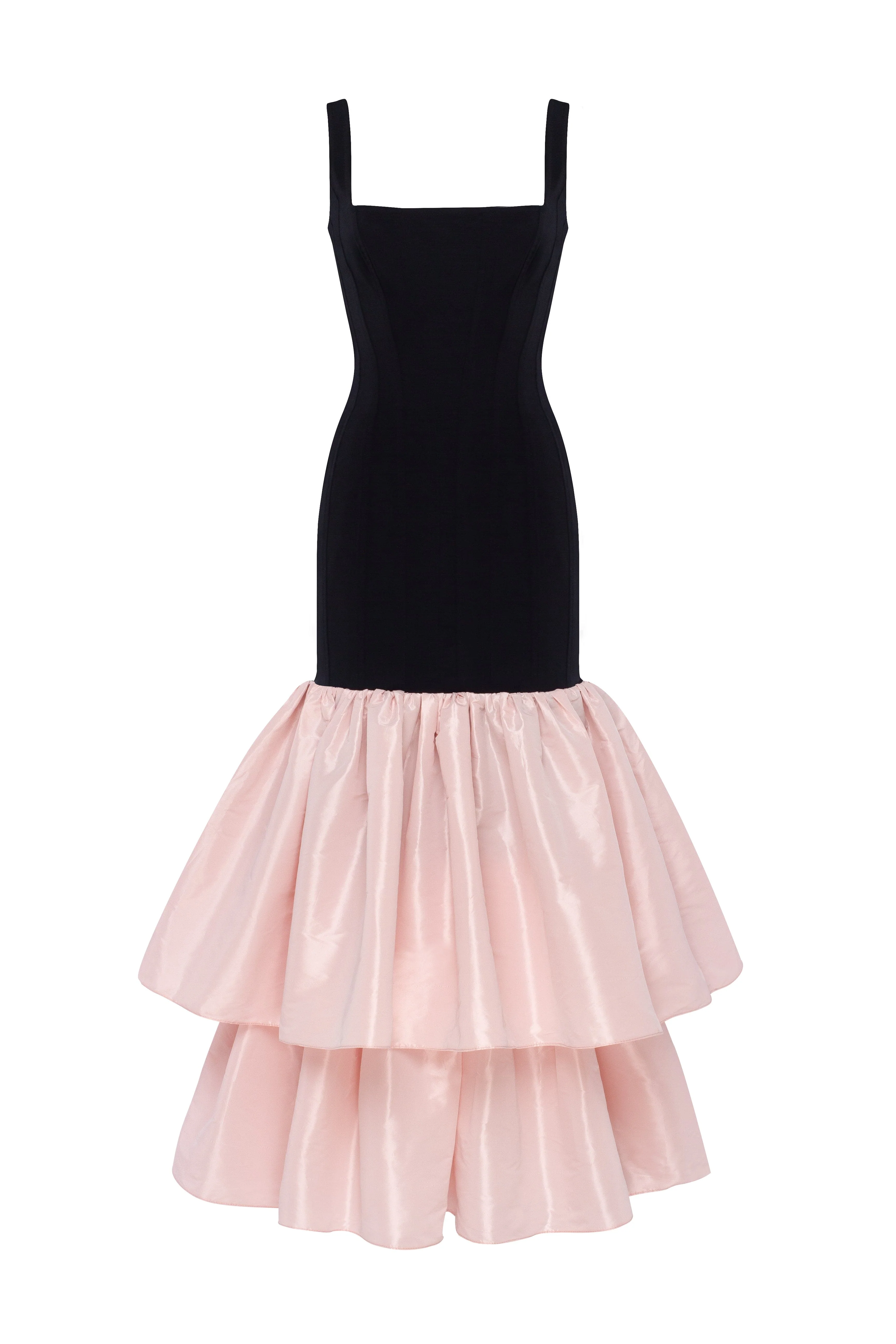 Black fitted maxi dress with pink puffy tiered skirt, Parisienne - Image 2