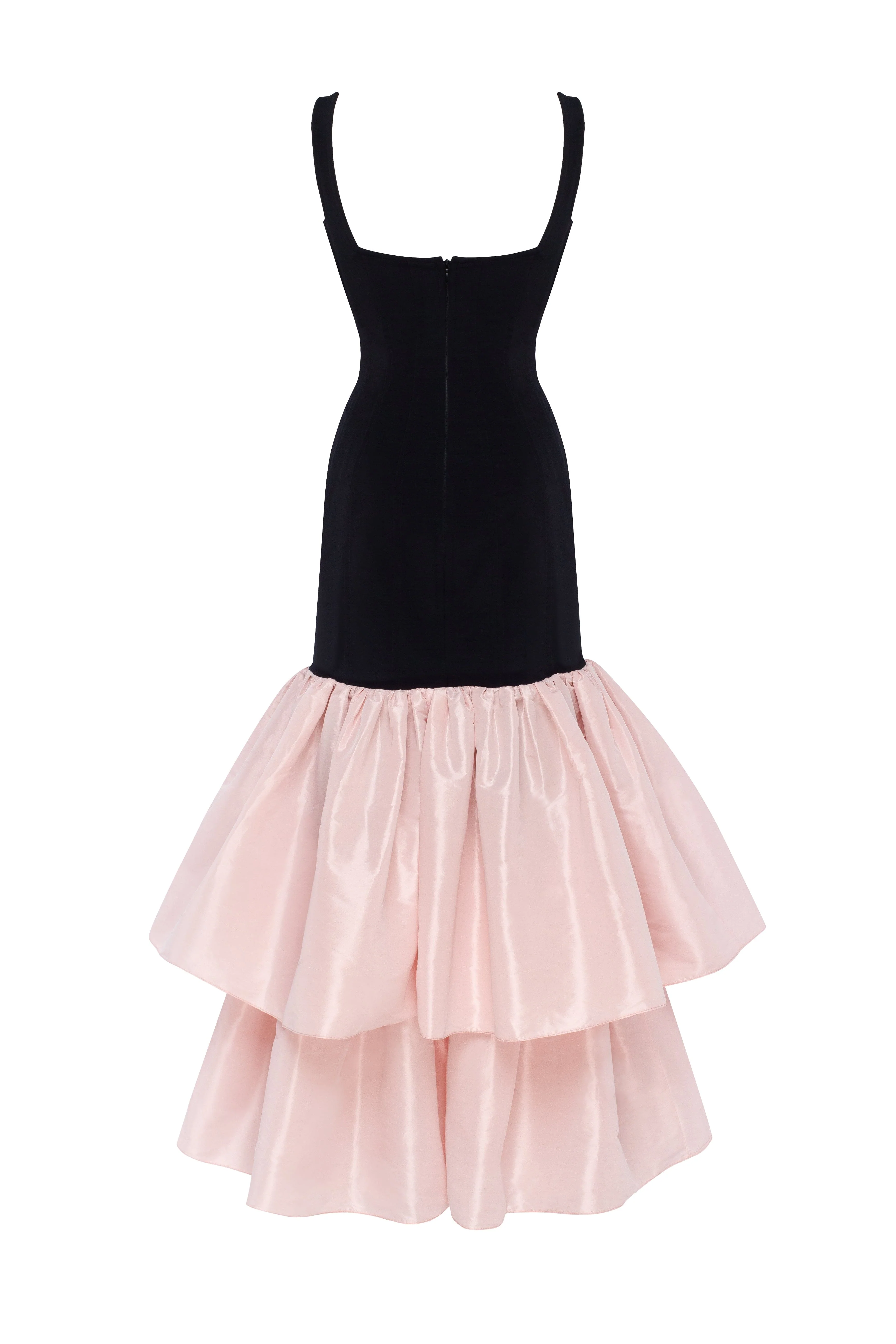 Black fitted maxi dress with pink puffy tiered skirt, Parisienne - Image 4