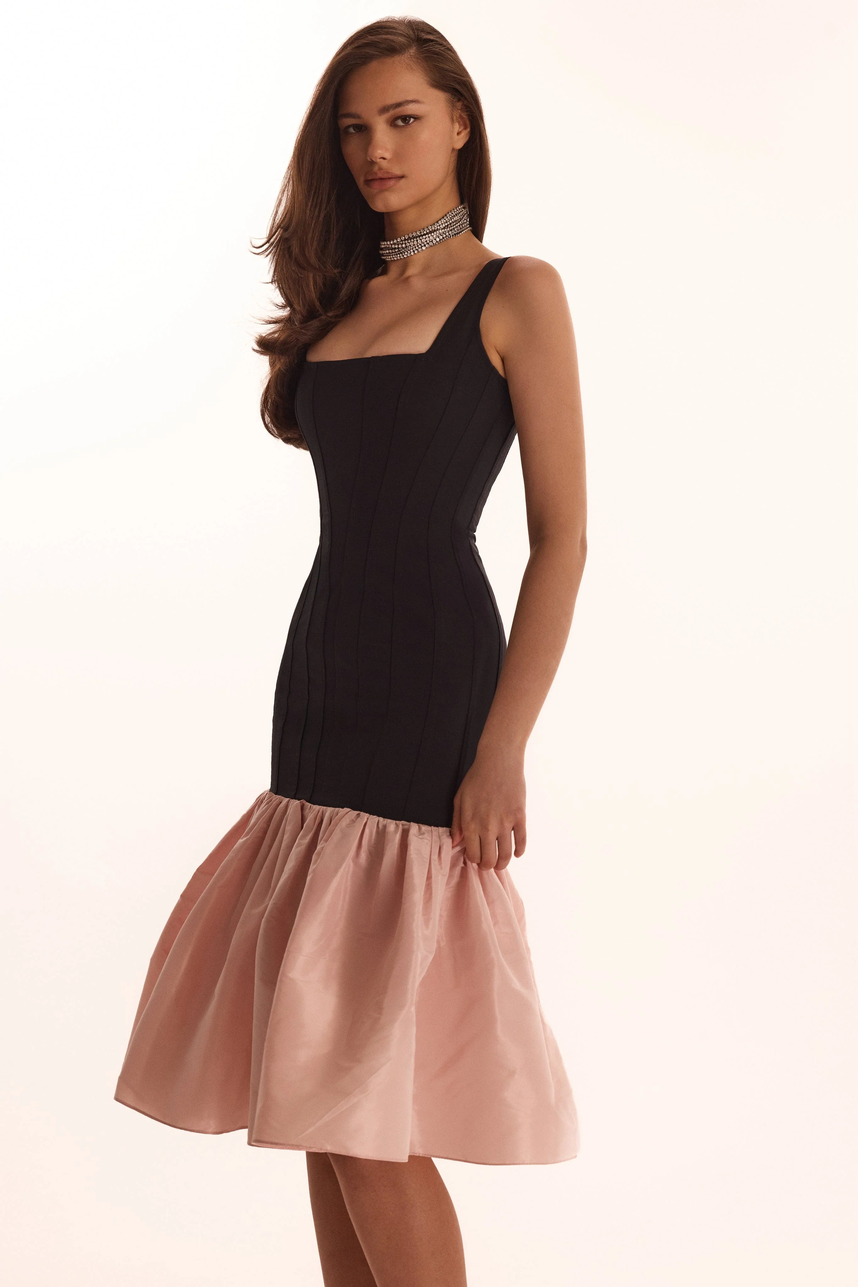 Black fitted maxi dress with pink puffy tiered skirt, Parisienne - Image 5