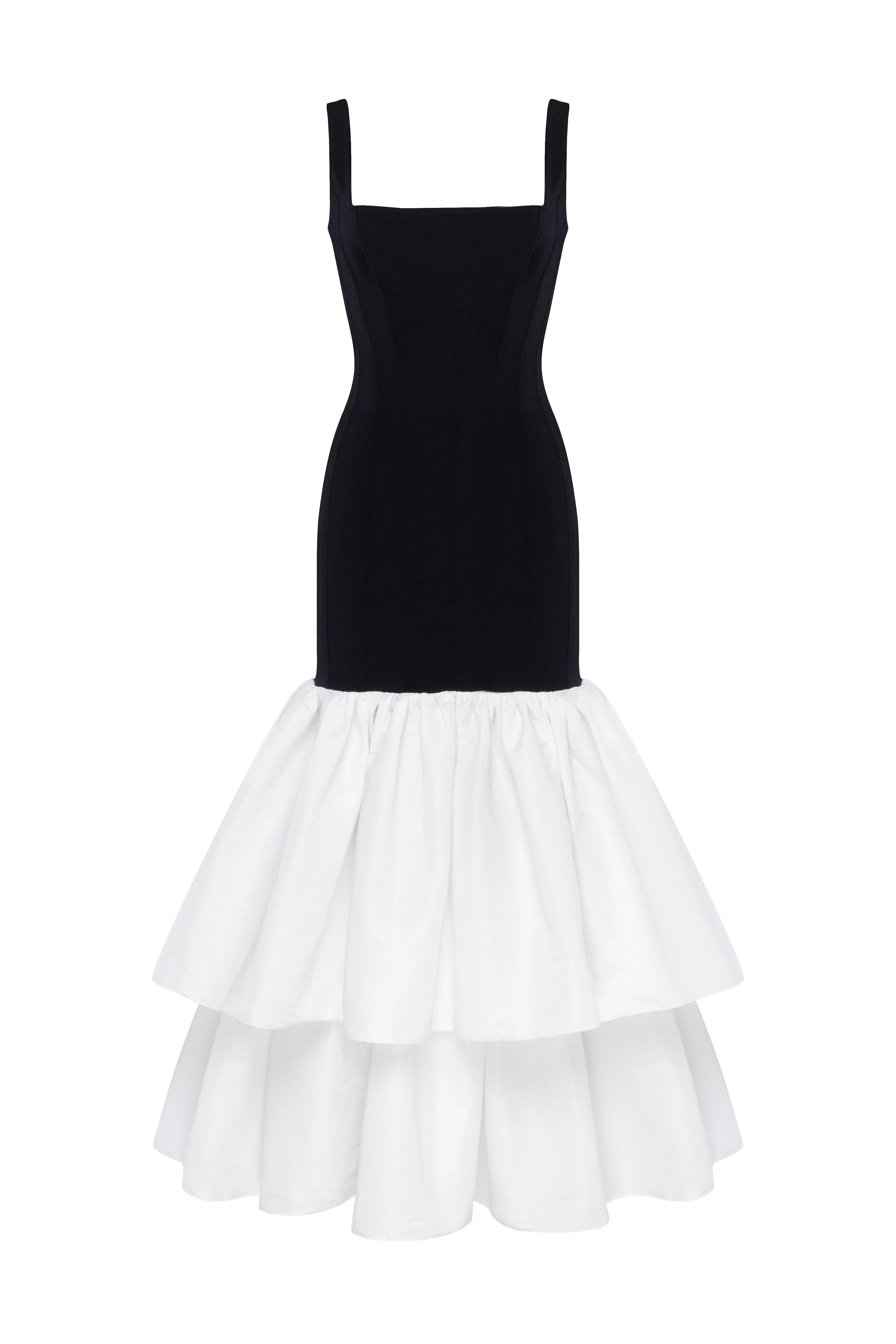 Black fitted maxi dress with white puffy tiered skirt, Parisienne - Image 2