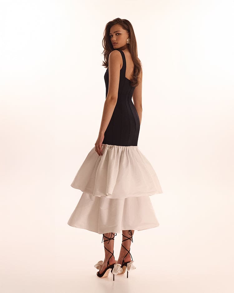 Black fitted maxi dress with white puffy tiered skirt, Parisienne - Image 3
