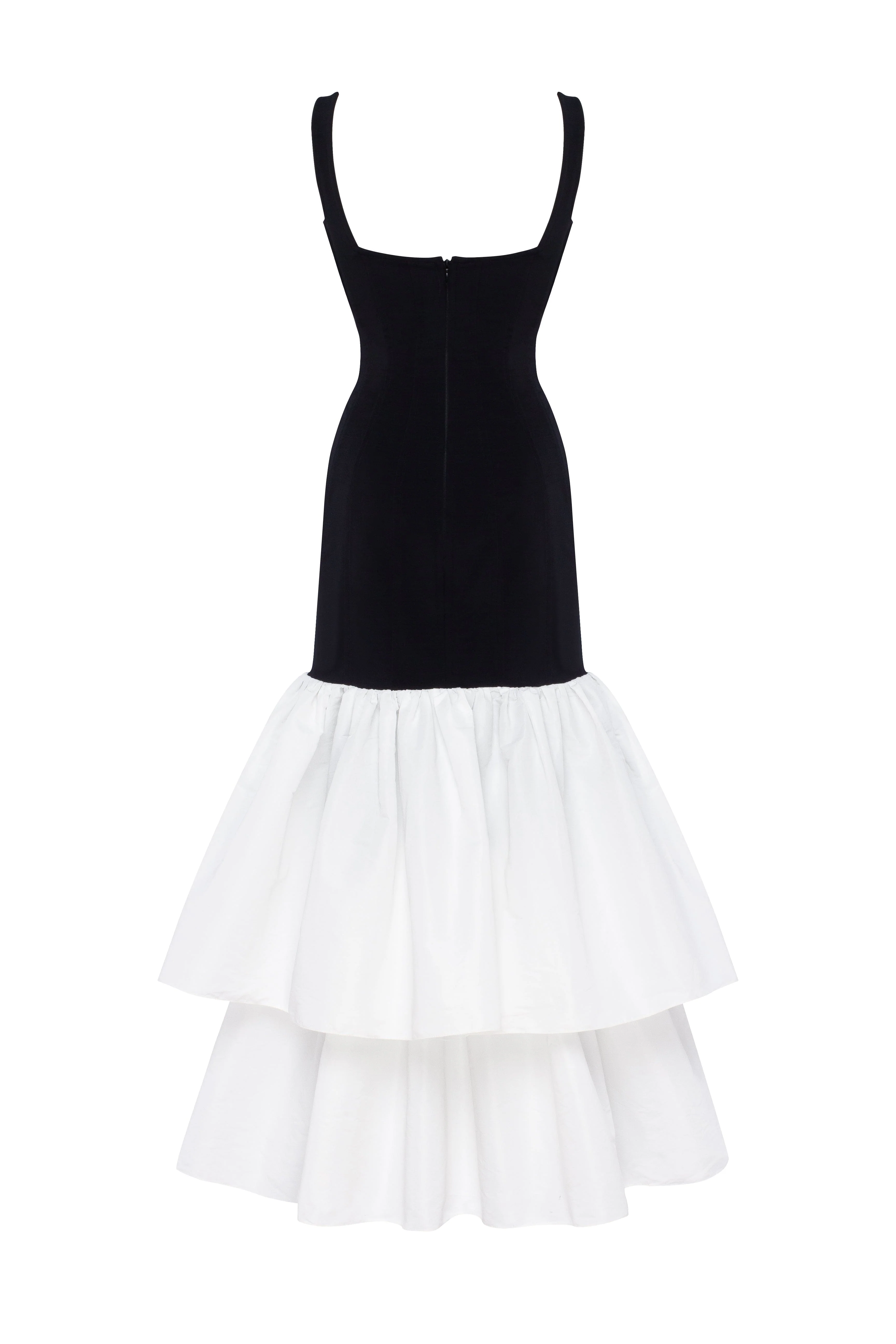 Black fitted maxi dress with white puffy tiered skirt, Parisienne - Image 4