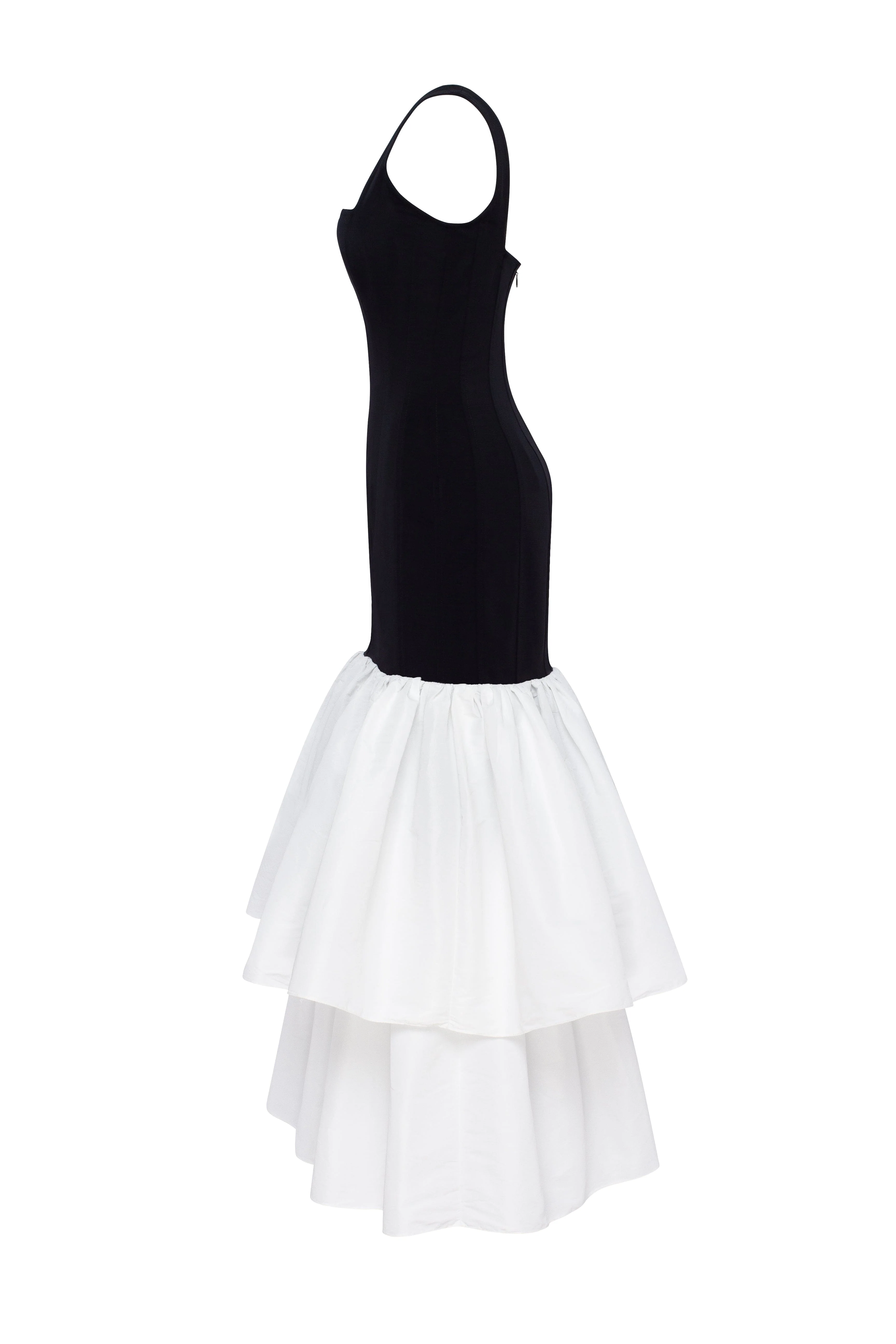 Black fitted maxi dress with white puffy tiered skirt, Parisienne - Image 6