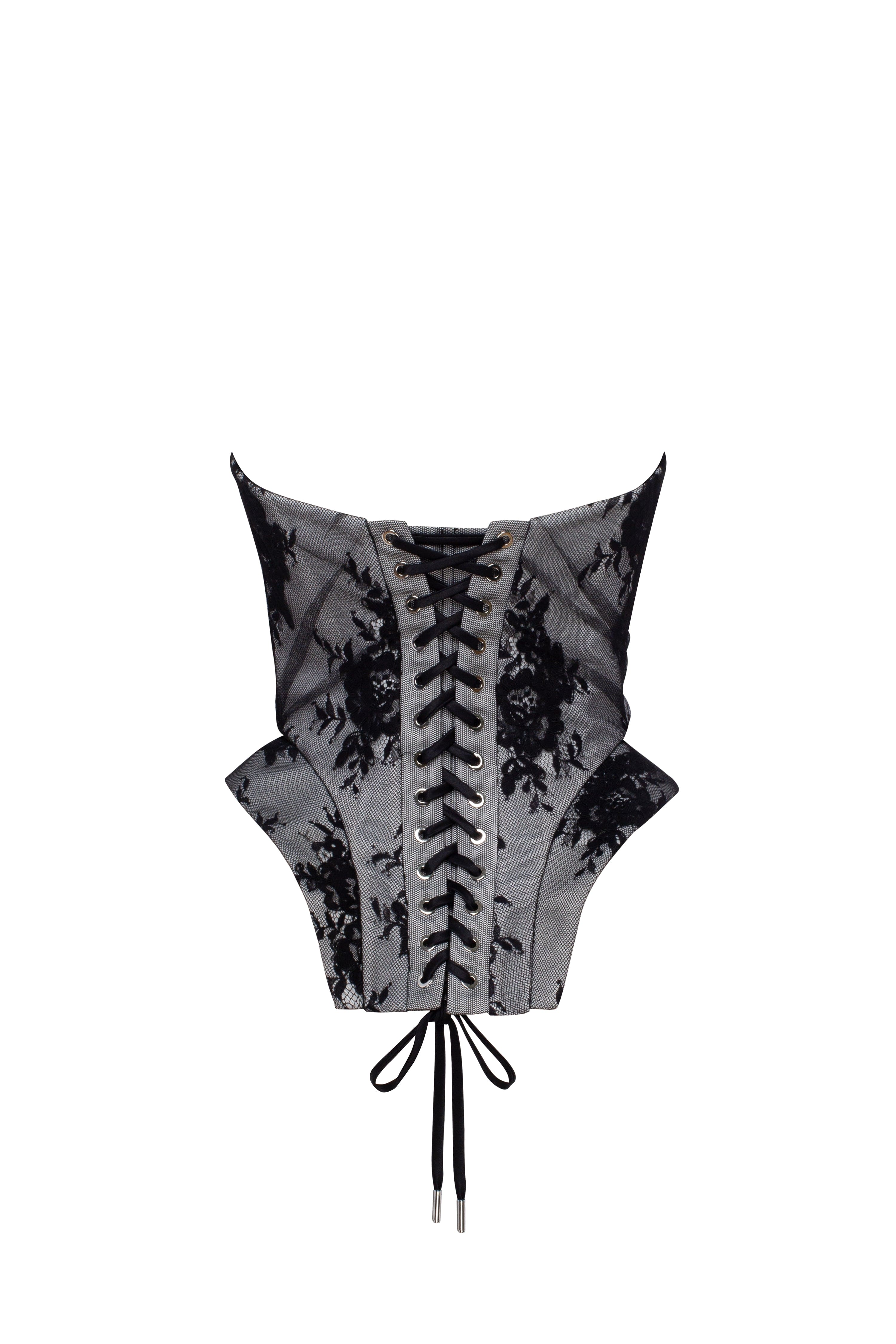 Black lace over the white mesh peplum corset with an oversized bow, Parisienne - Image 4