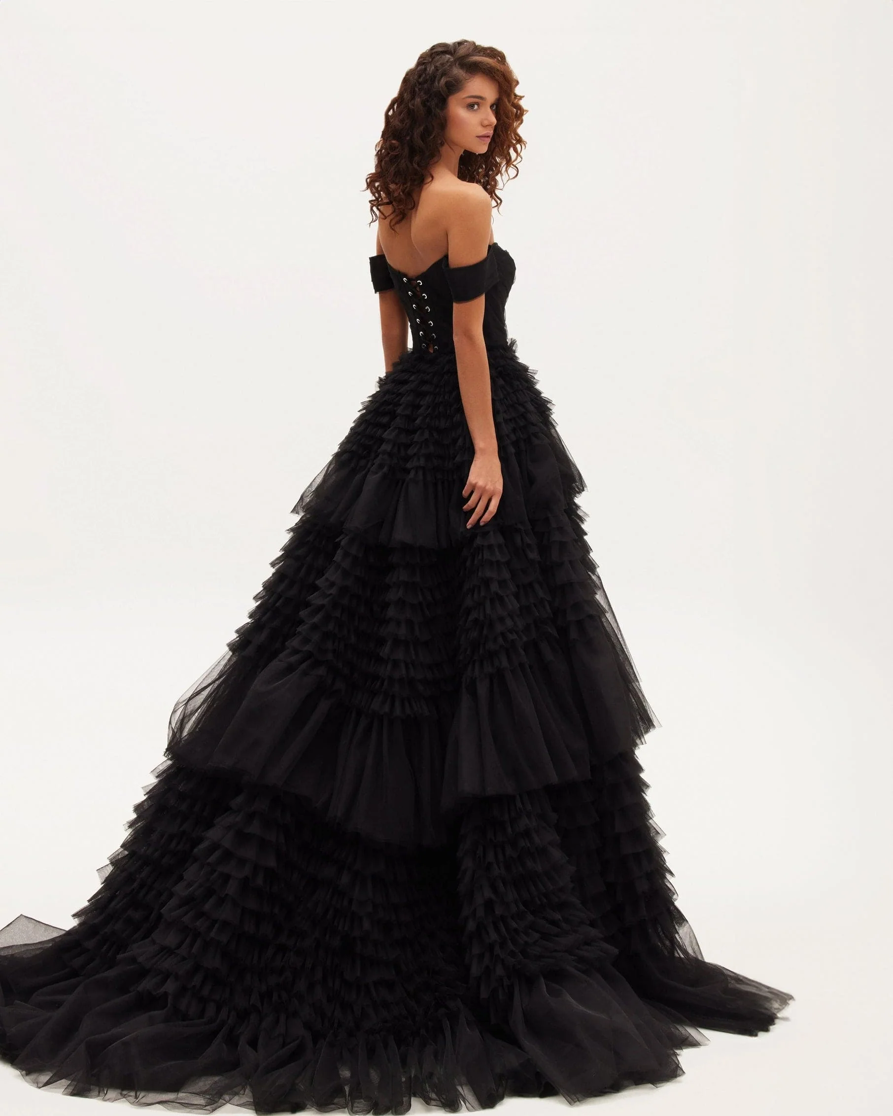 Black Off-The-Shoulder Frill-Layered Gown - Image 3