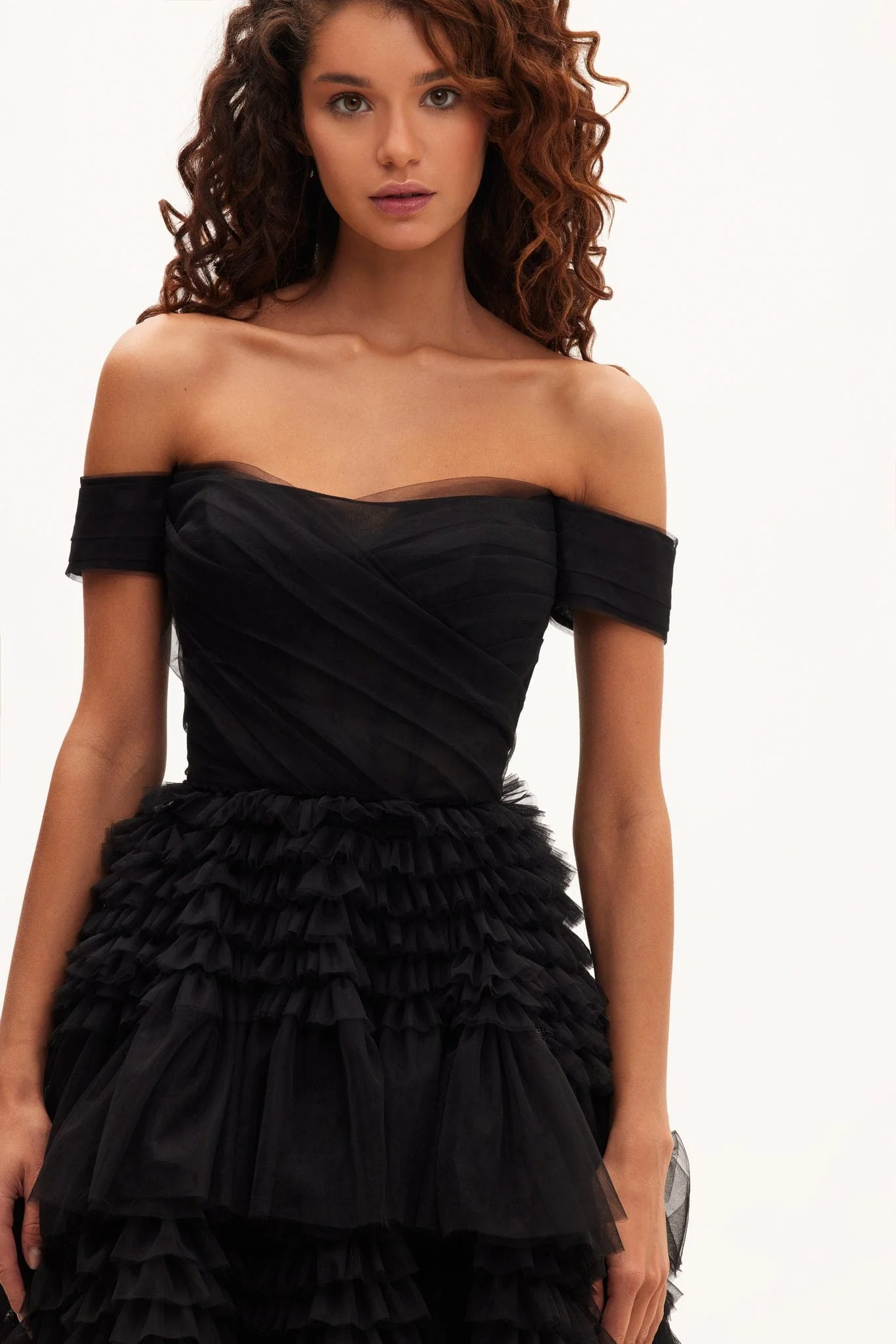 Black Off-The-Shoulder Frill-Layered Gown - Image 5