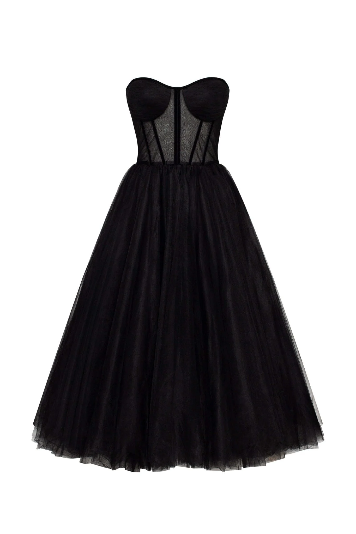 Black Strapless Puffy Midi Tulle Dress - Image 2