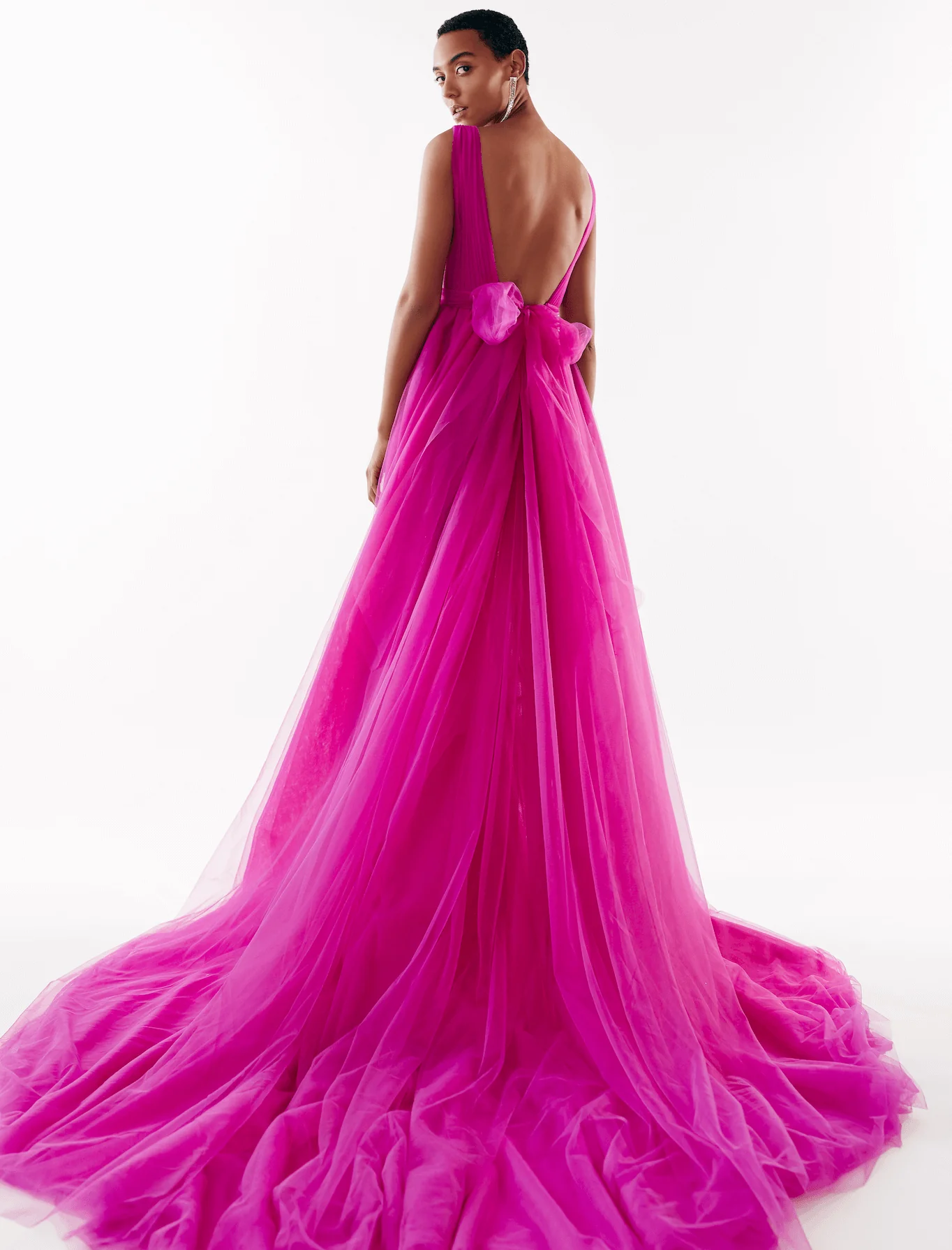 Fuchsia Bow-Back Maxi Evening Tulle Dress - Image 3