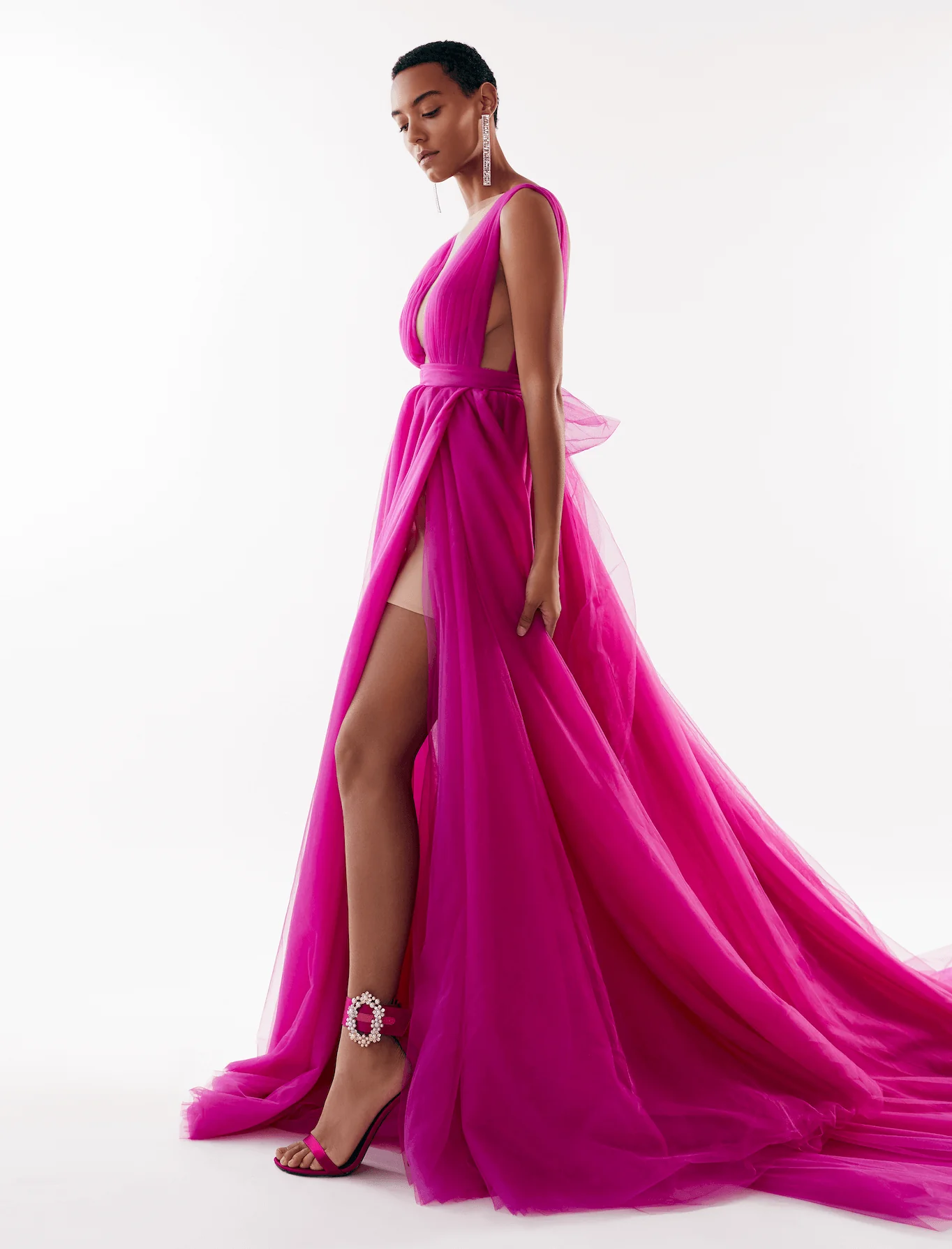 Fuchsia Bow-Back Maxi Evening Tulle Dress - Image 5