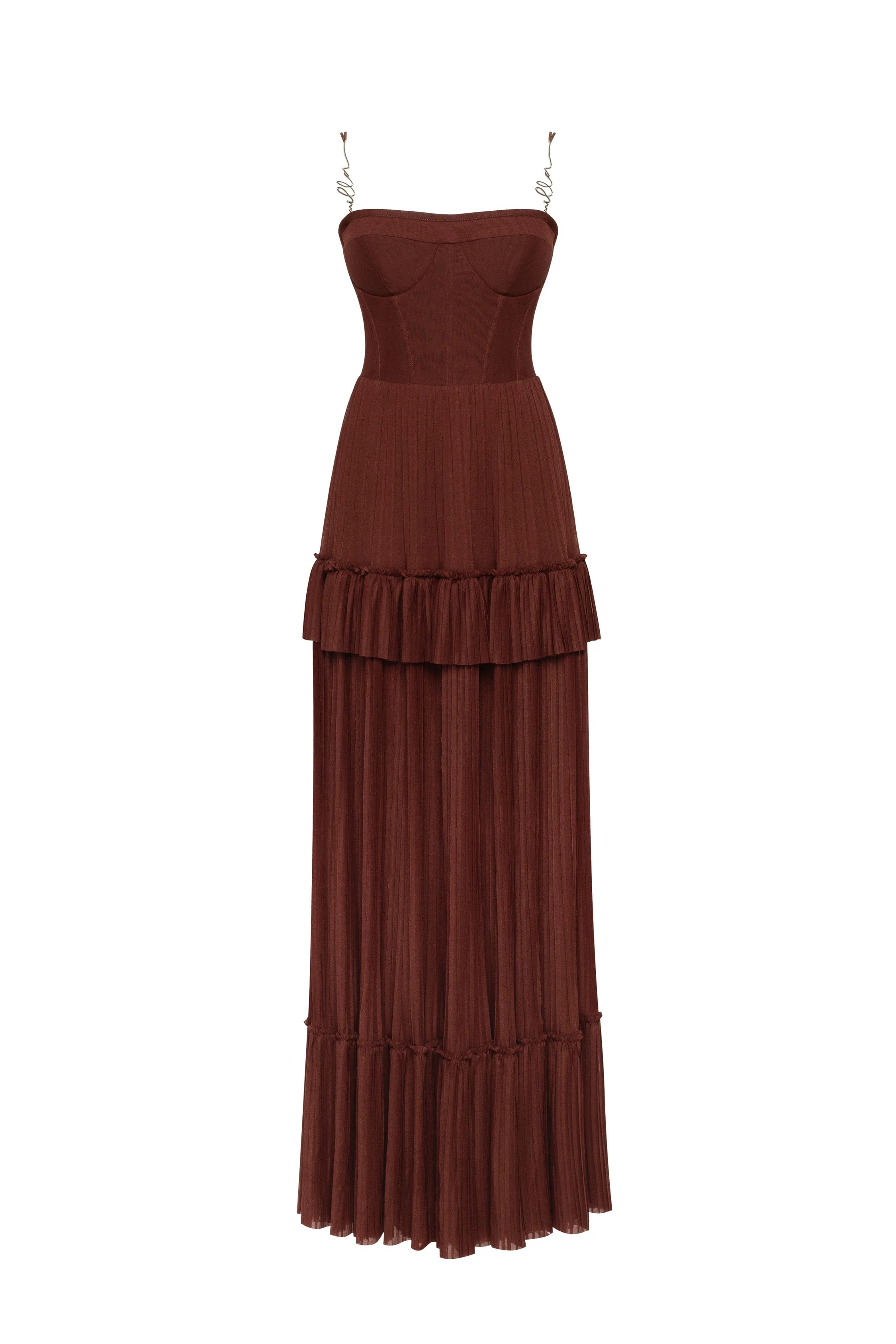 Chocolate spaghetti strap pleated maxi dress, Garden of Eden - Image 2