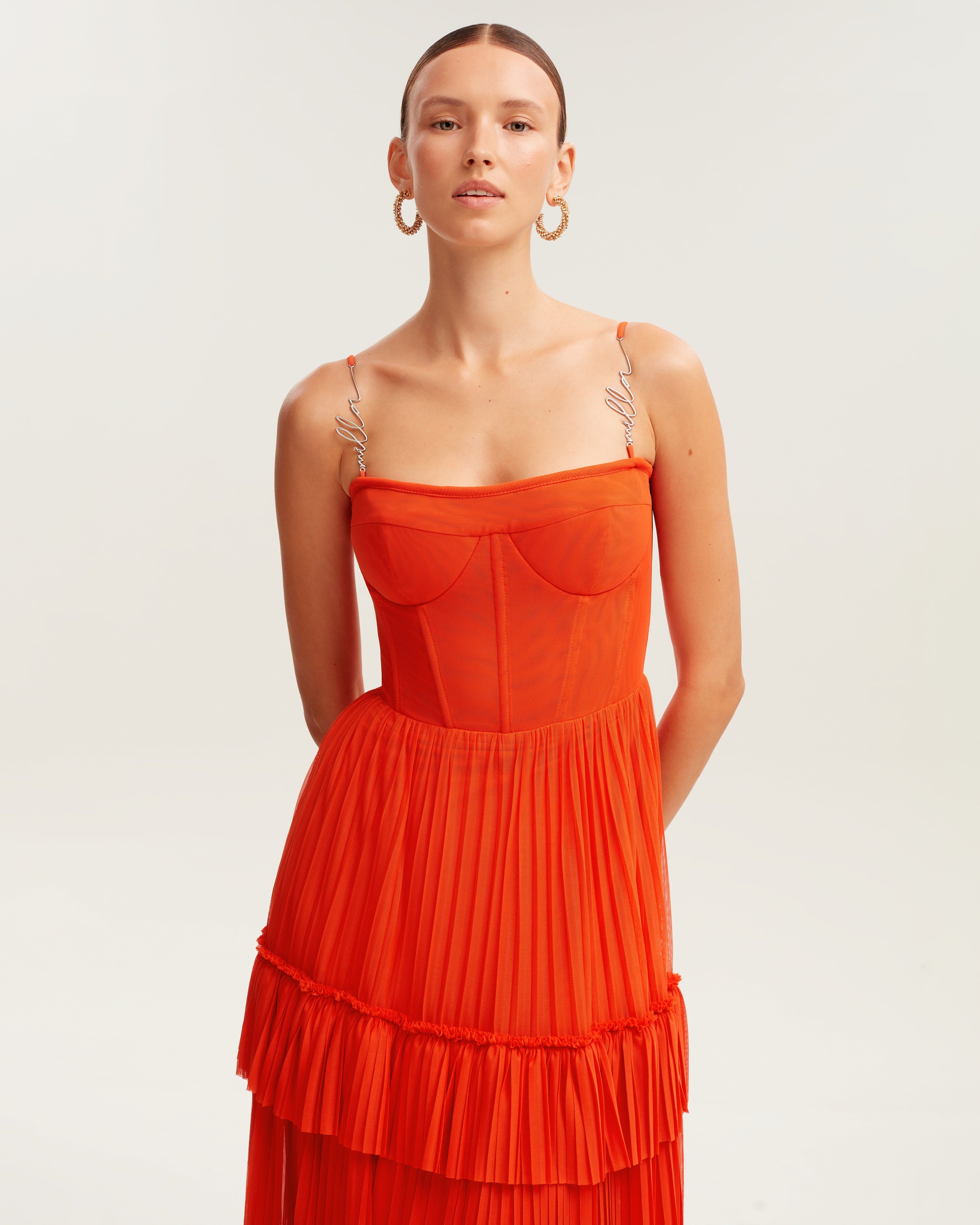 Coral spaghetti strap pleated maxi dress, Garden of Eden - Image 5