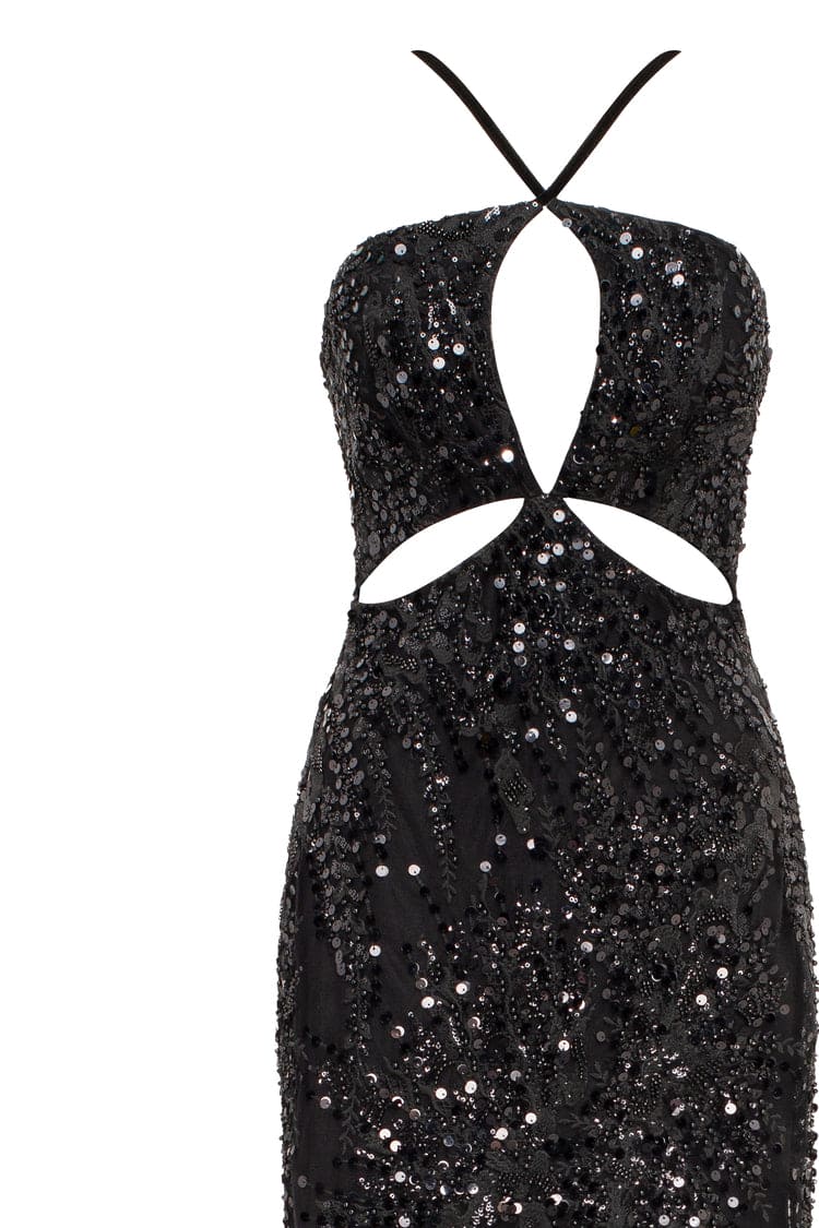 Cut-out halterneck black maxi covered in sequins, Smoky Quartz - Image 6