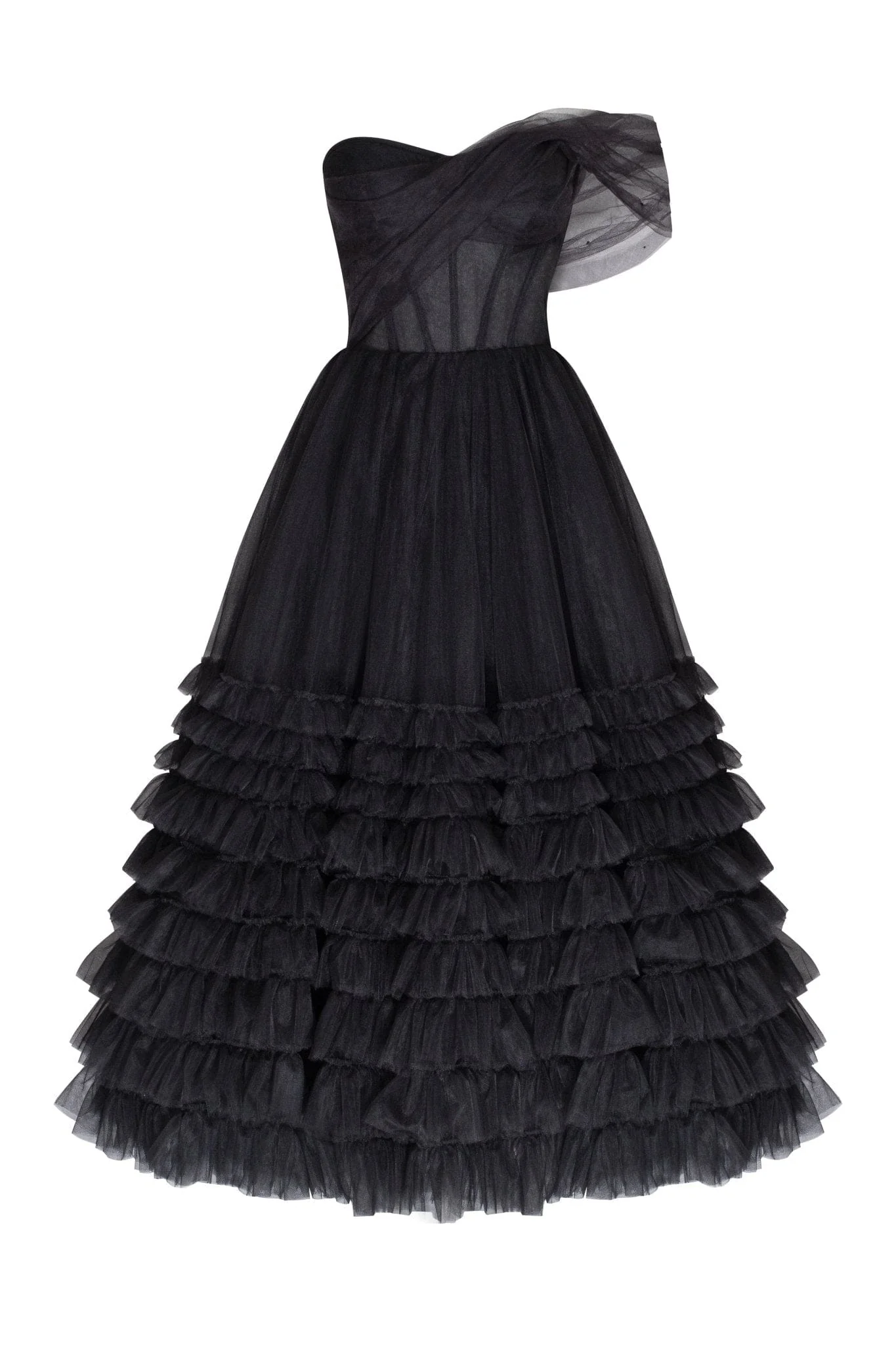Cute one-shoulder frill-layered midi dress in black - Image 2