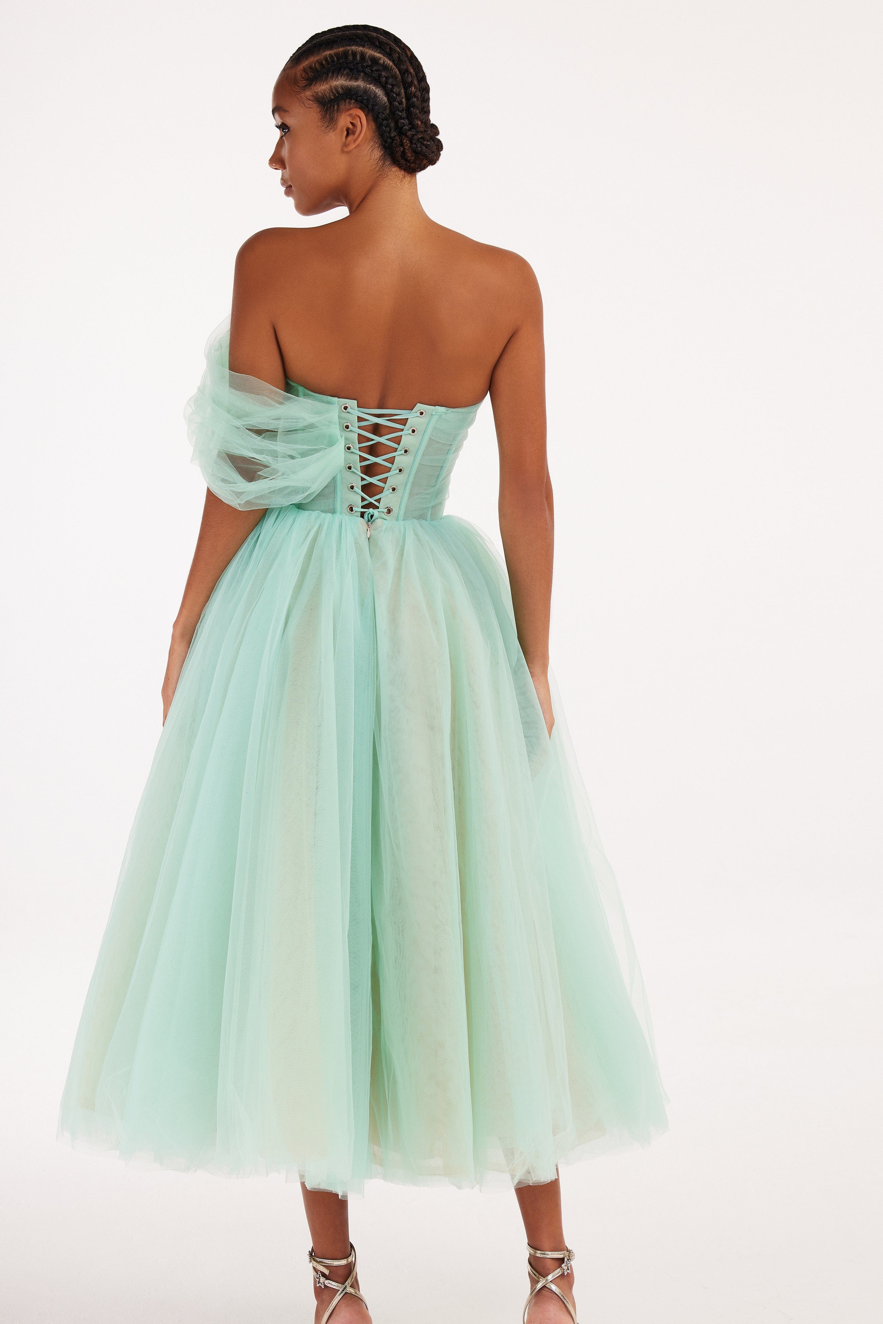 Cute one-shoulder minty green tulle midi dress - Image 3