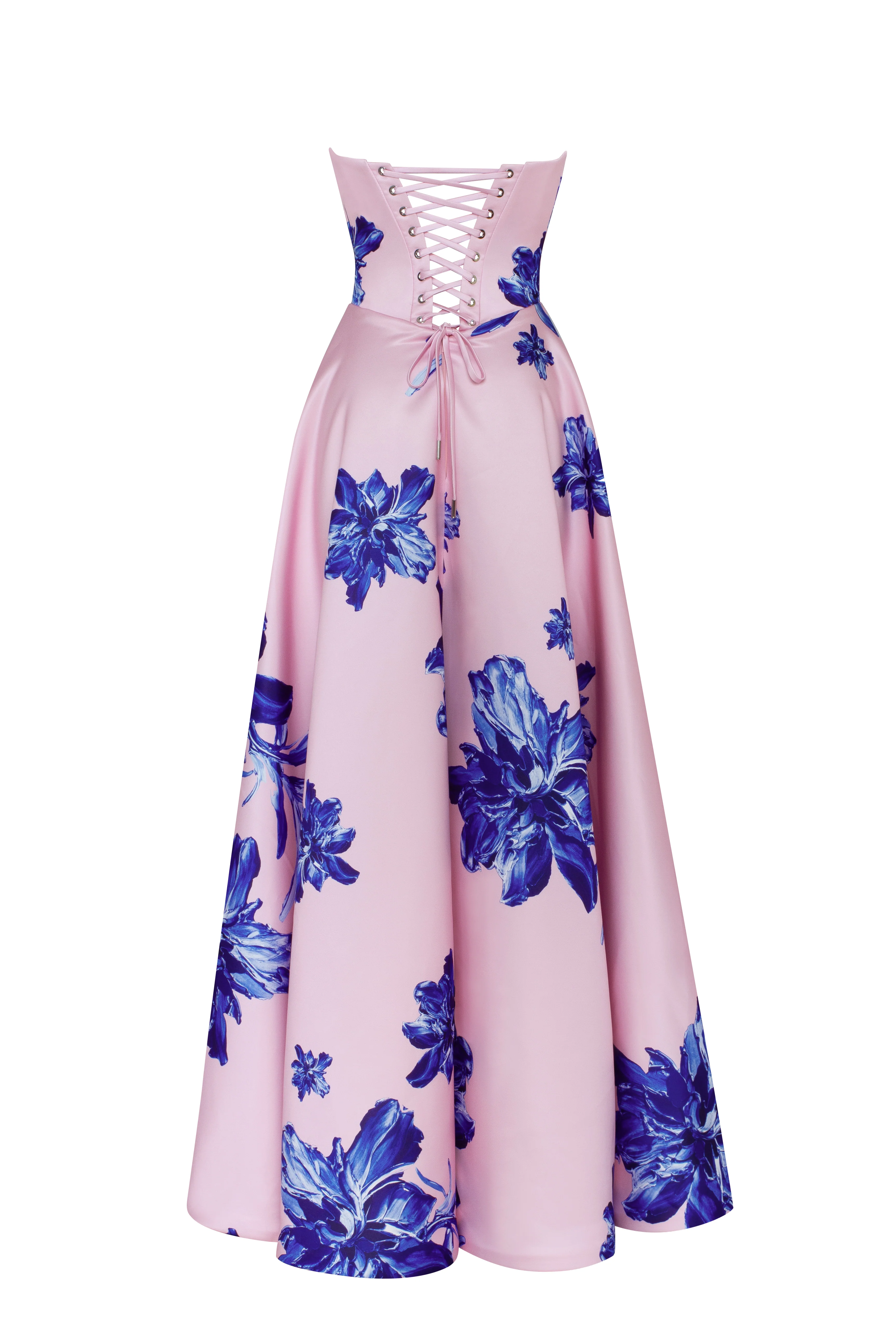 Dainty pink A-line maxi dress with blue-flowered pattern, Glow-Up - Image 4