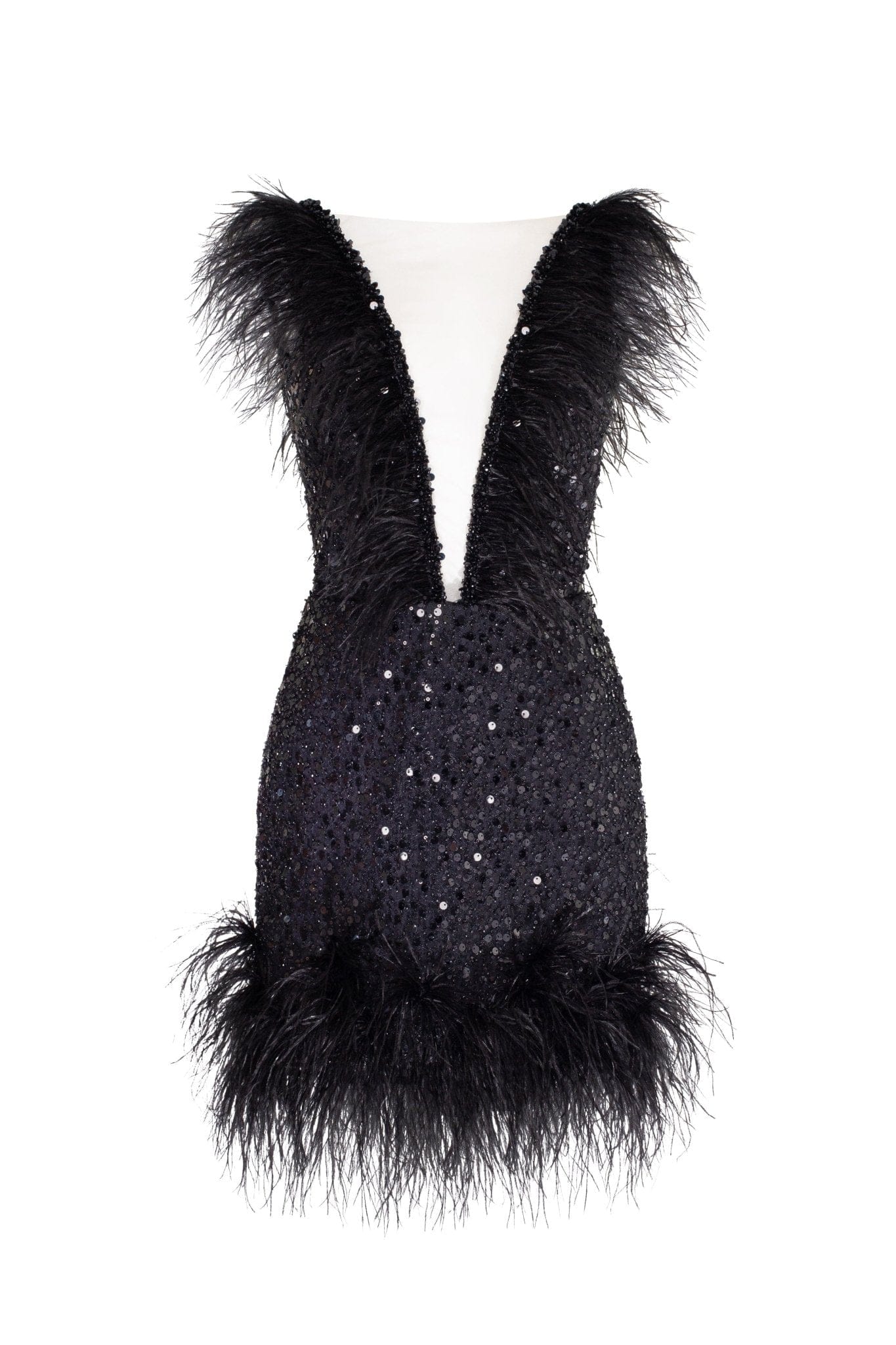 Dramatic cocktail dress on straps decorated with sequins and feathers - Image 2