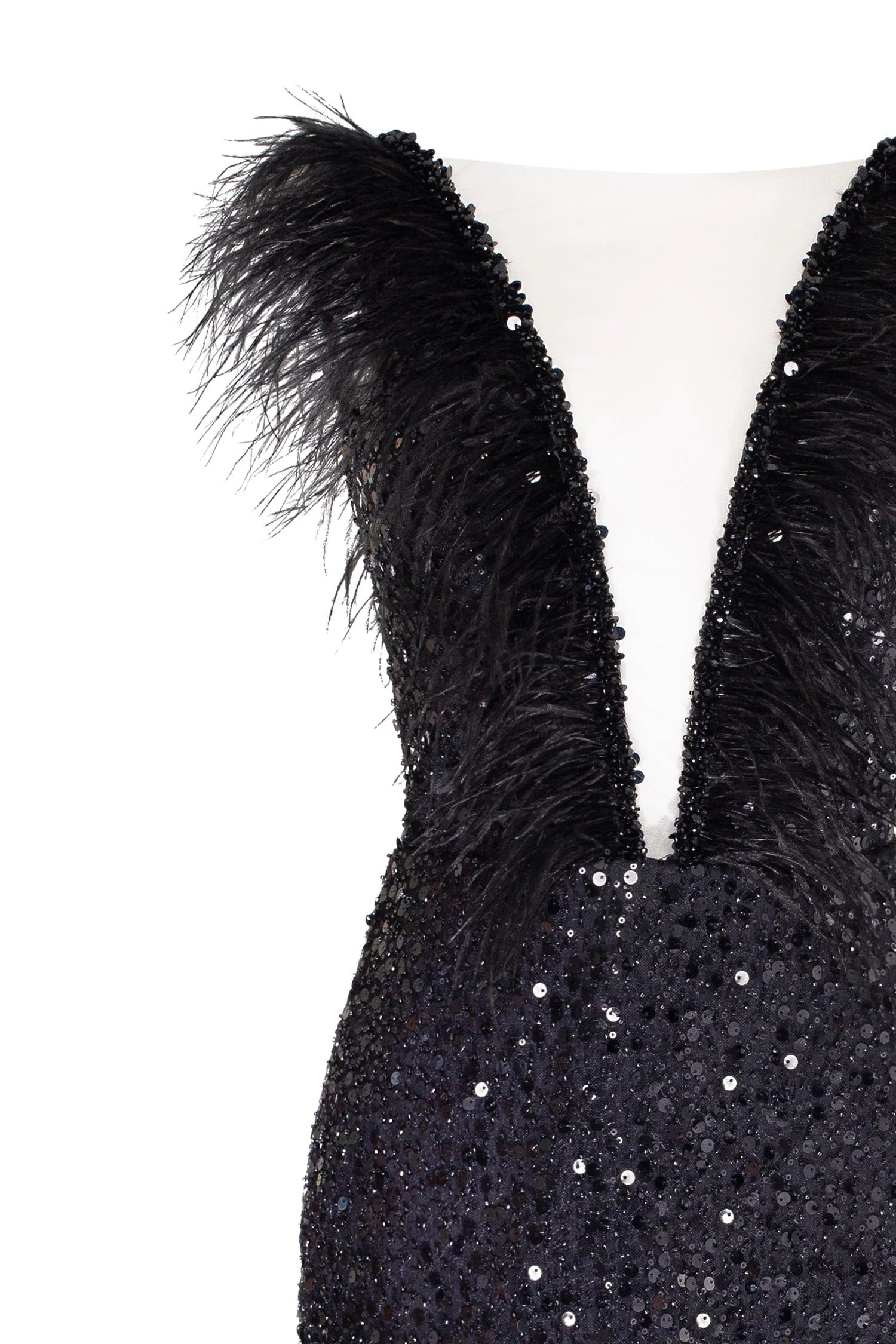 Dramatic cocktail dress on straps decorated with sequins and feathers - Image 6