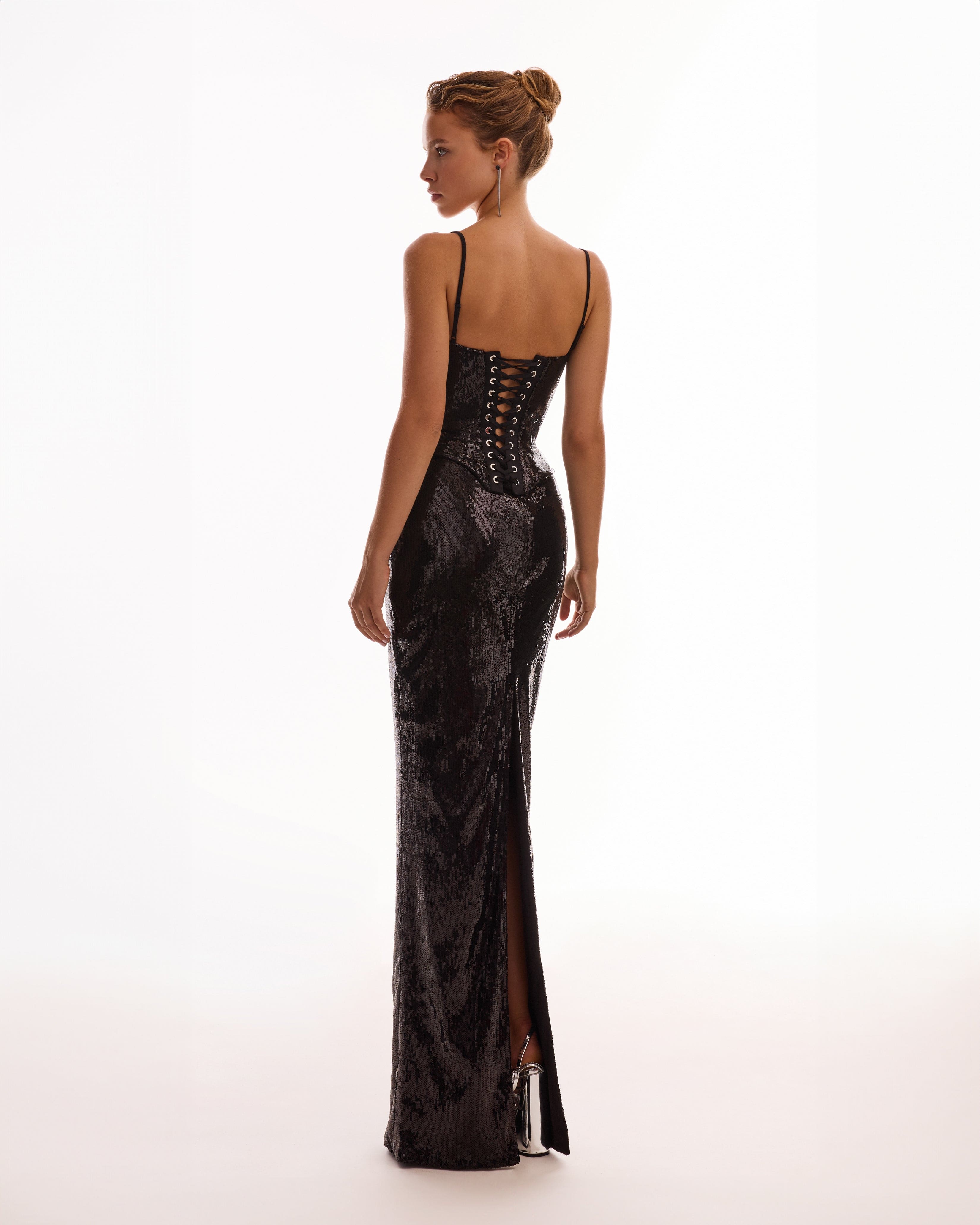 Sensational spaghetti straps sequined black corset, Midnight Walk - Image 7