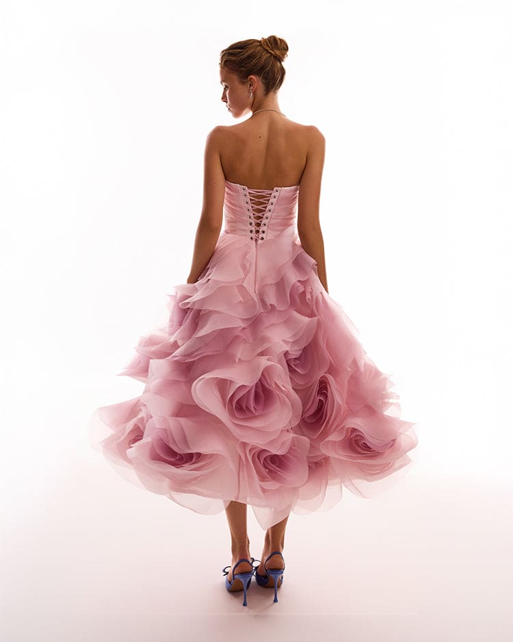 Dramatic flowered organza midi dress in misty rose, Glow-Up - Image 3