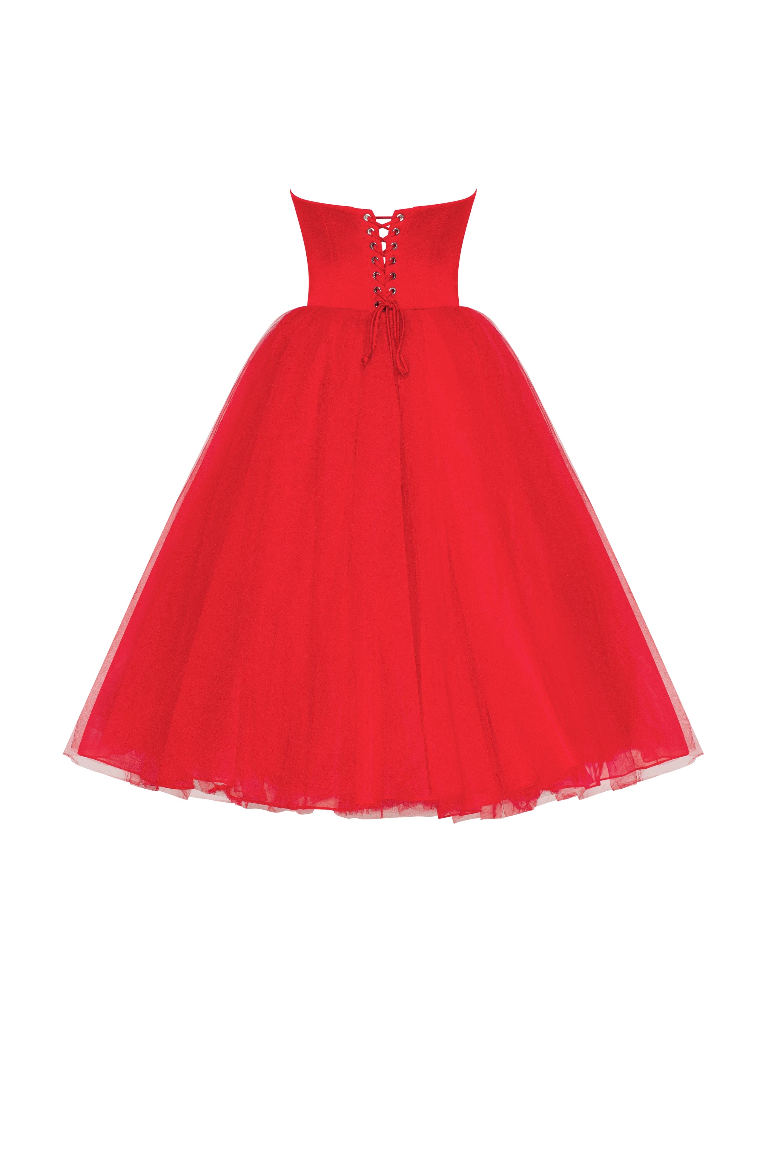 Dramatic red organza dress adorned with Milla's signature and black gloves, Xo Xo - Image 4
