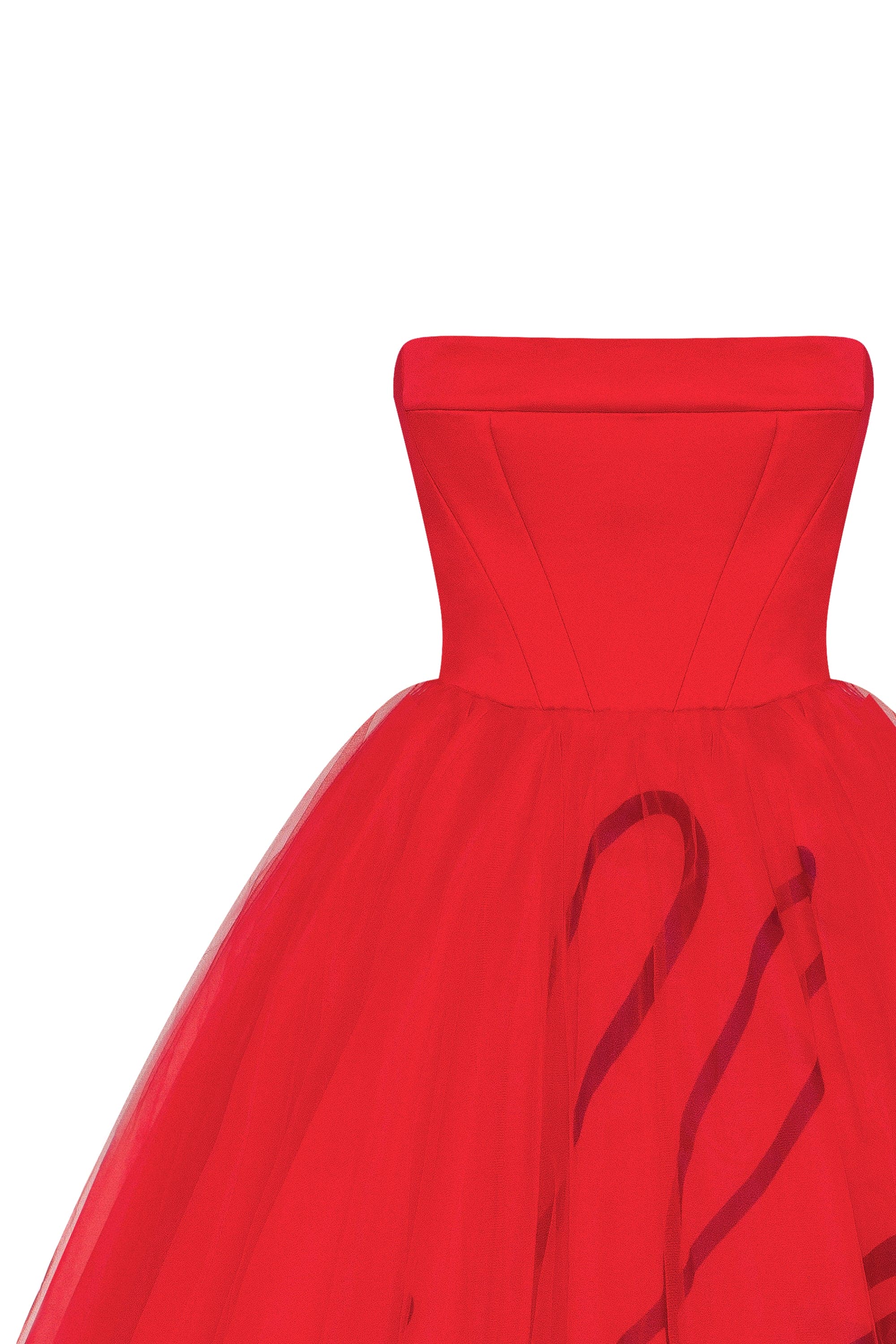 Dramatic red organza dress adorned with Milla's signature and black gloves, Xo Xo - Image 5