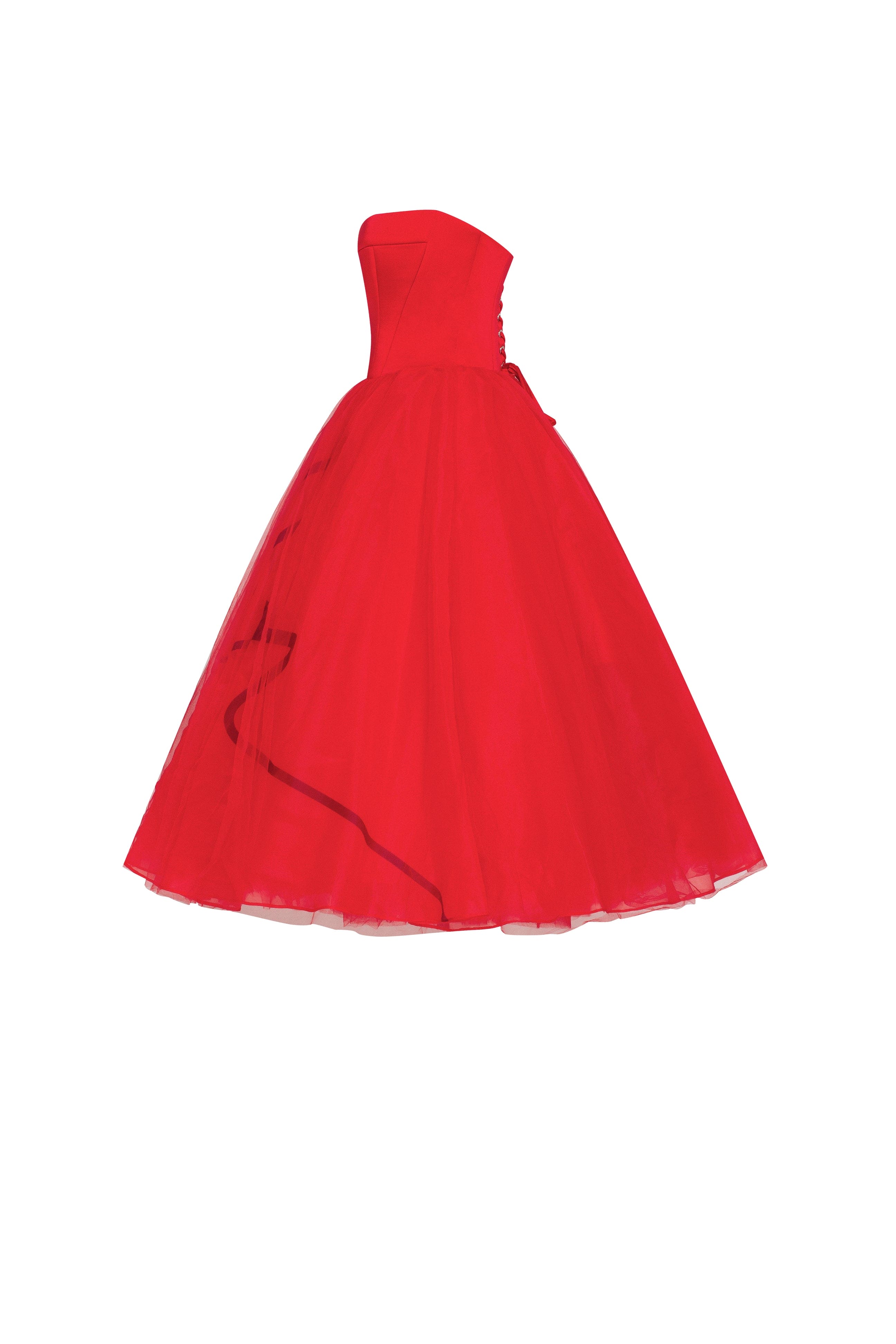 Dramatic red organza dress adorned with Milla's signature and black gloves, Xo Xo - Image 7