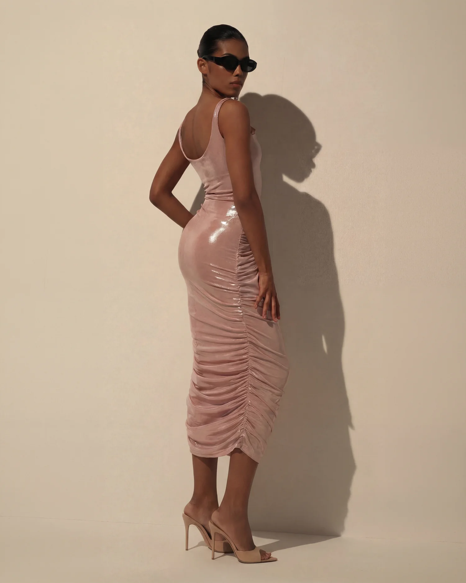 Draped Midi Dress with Metallic Sheen - Image 3