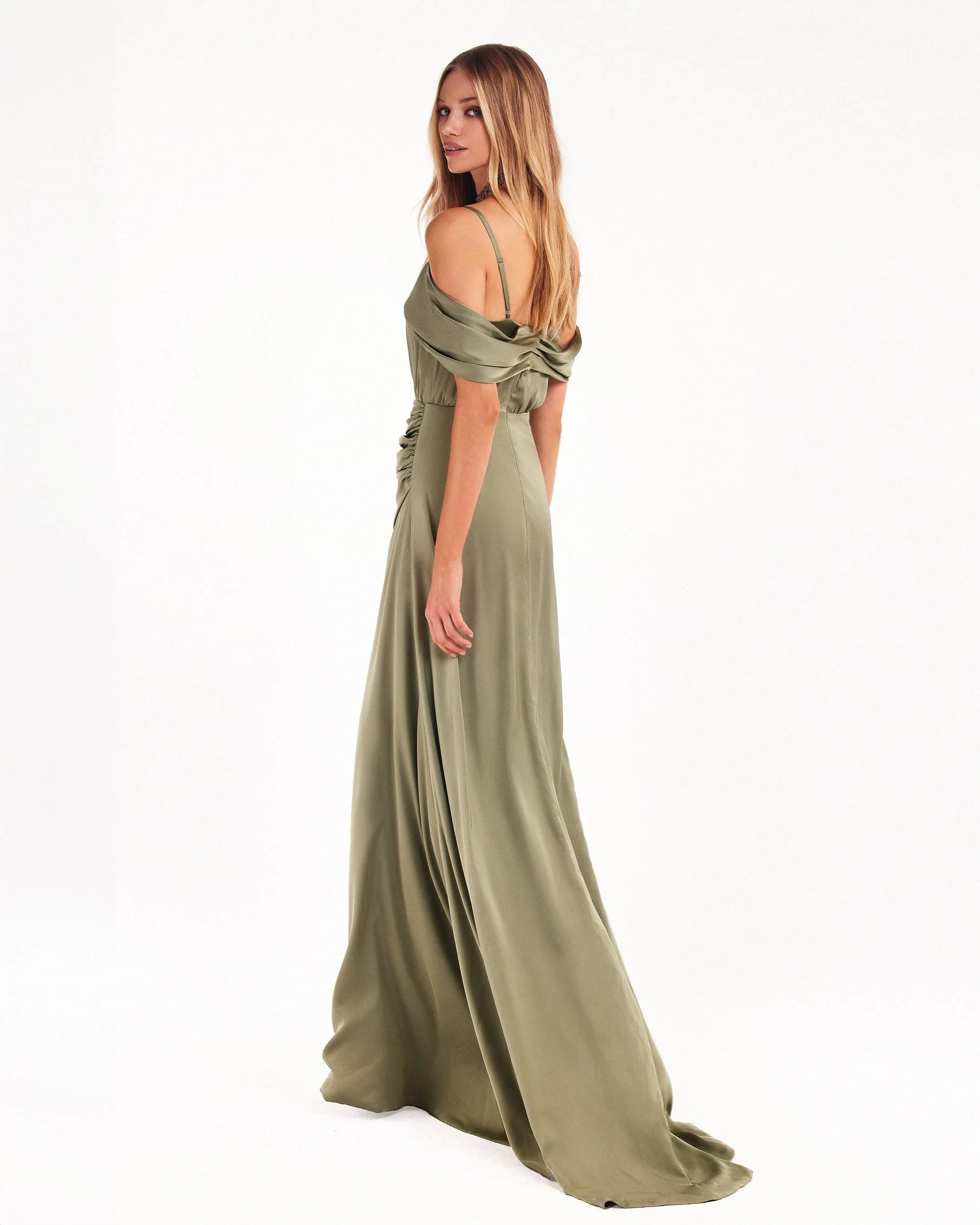 Elegant olive off-the-shoulder silk maxi dress - Image 3