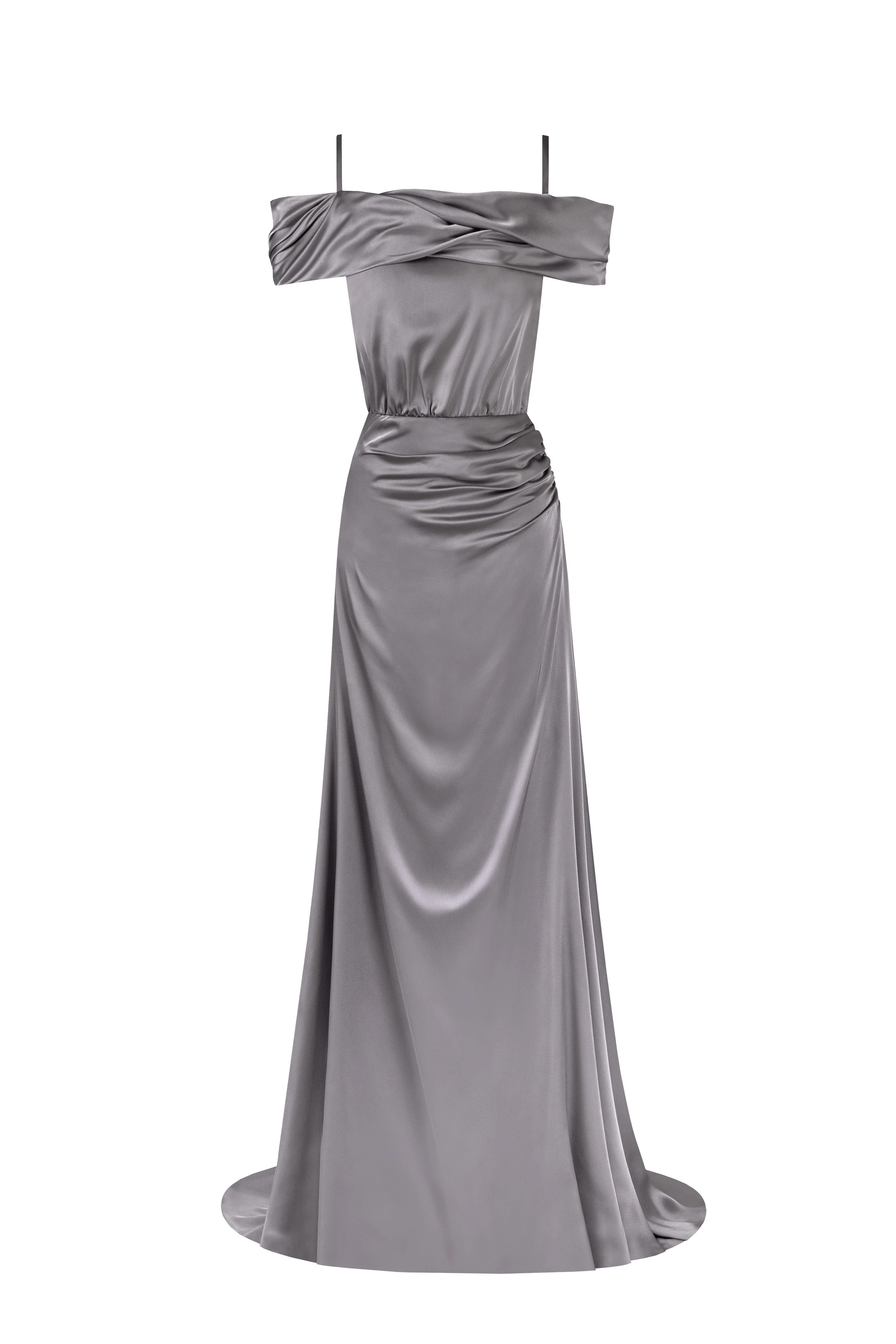Elegant silver off-the-shoulder silk maxi dress - Image 2
