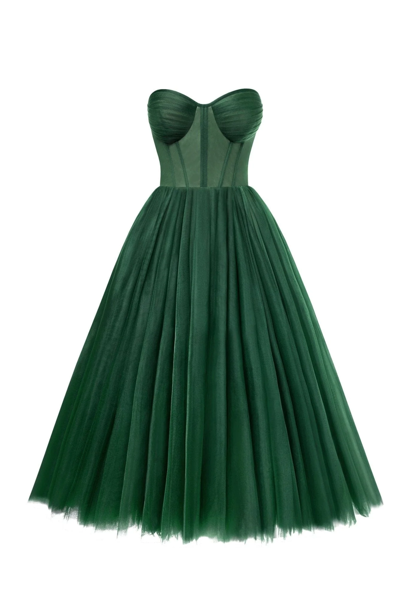 Emerald Green Strapless Puffy Midi Tulle Dress - Image 2