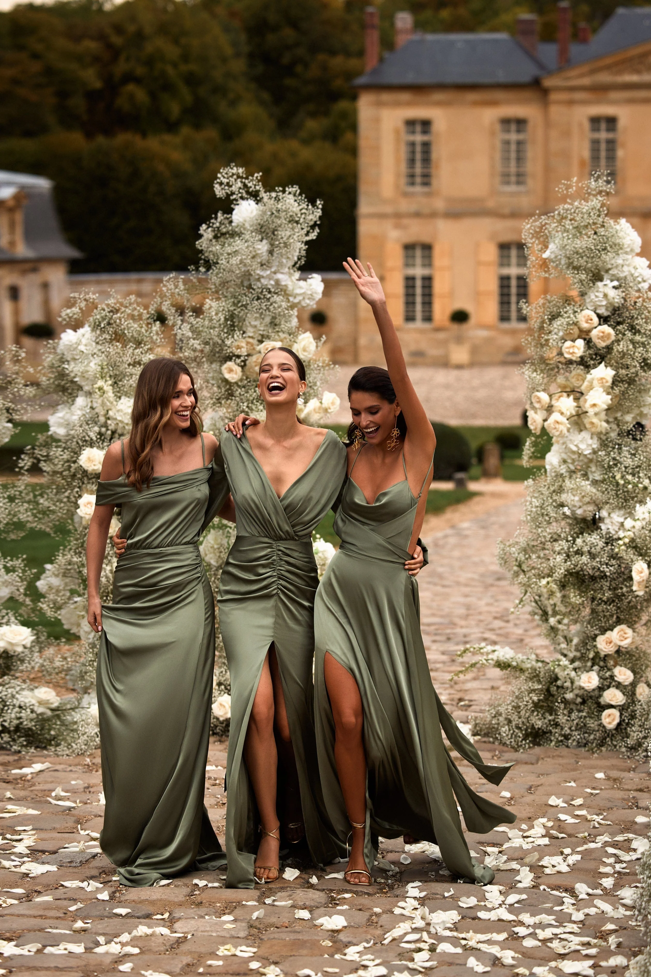 Fancy olive silk maxi evening dress - Image 10