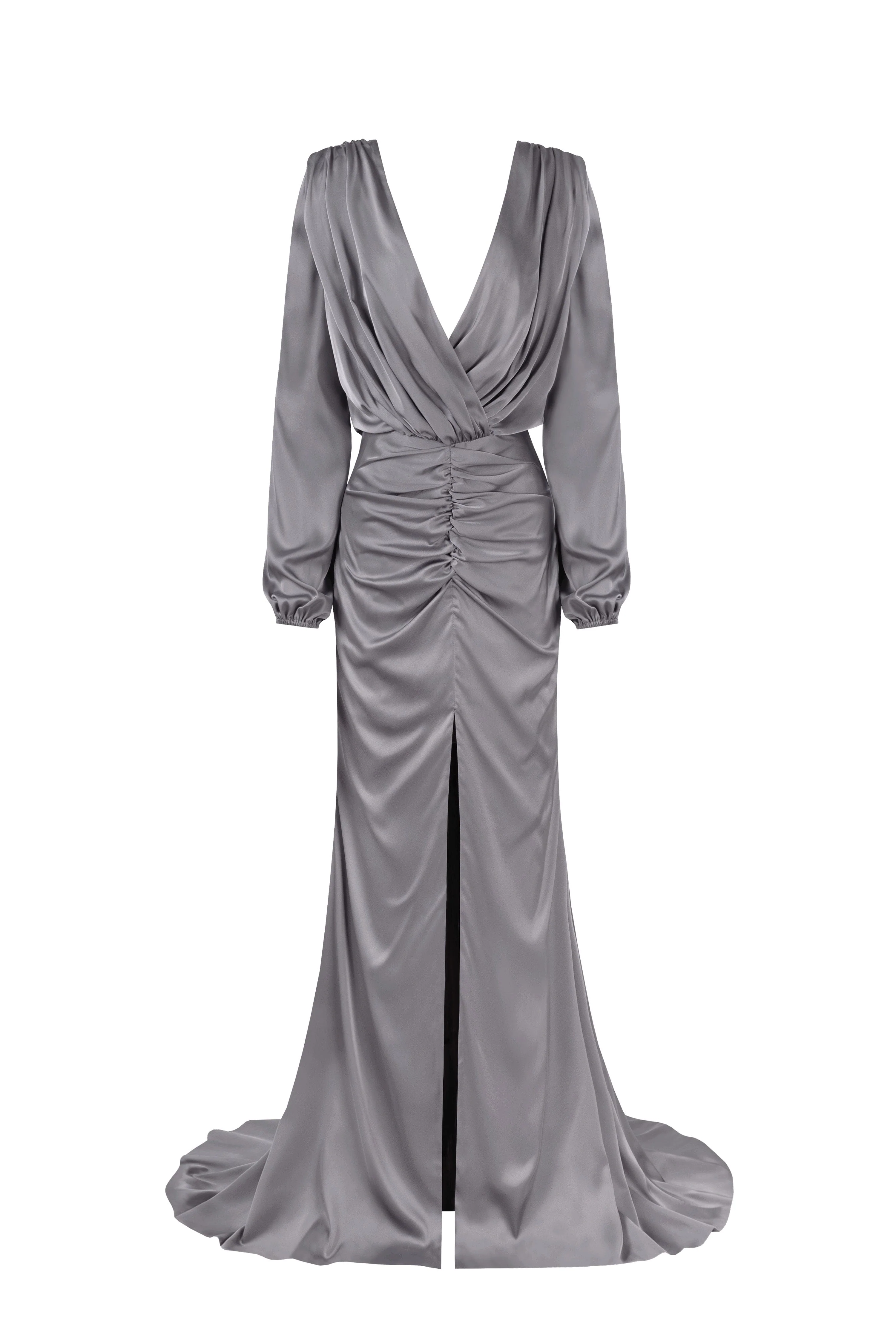 Fancy silver silk maxi evening dress - Image 2