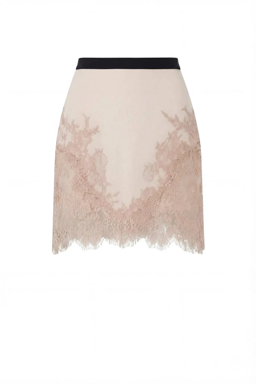 Fitted beige mini skirt adorned with lace, Parisienne - Image 2