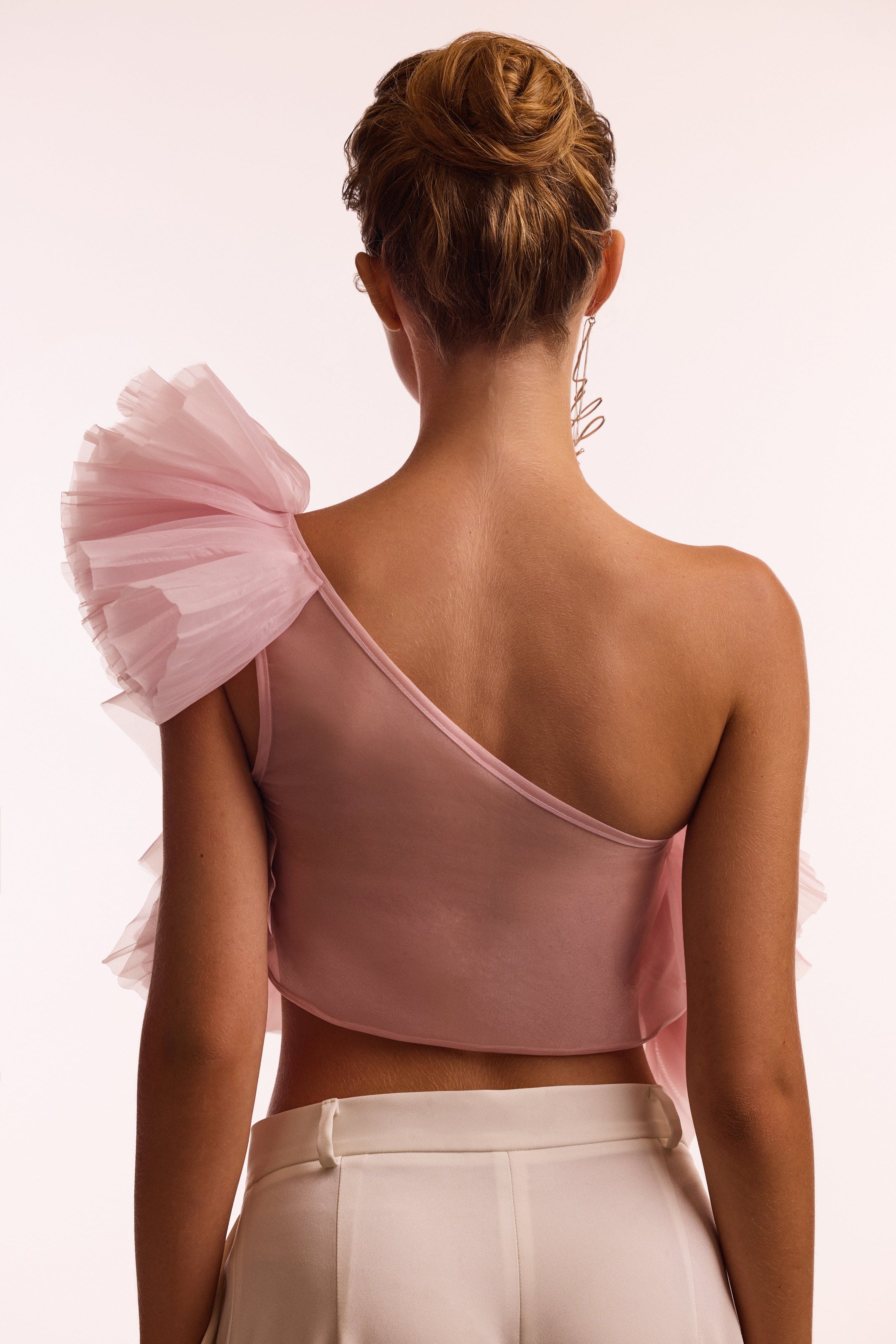 Flirty ruffled one-shoulder organza pink top, Midnight Walk - Image 3