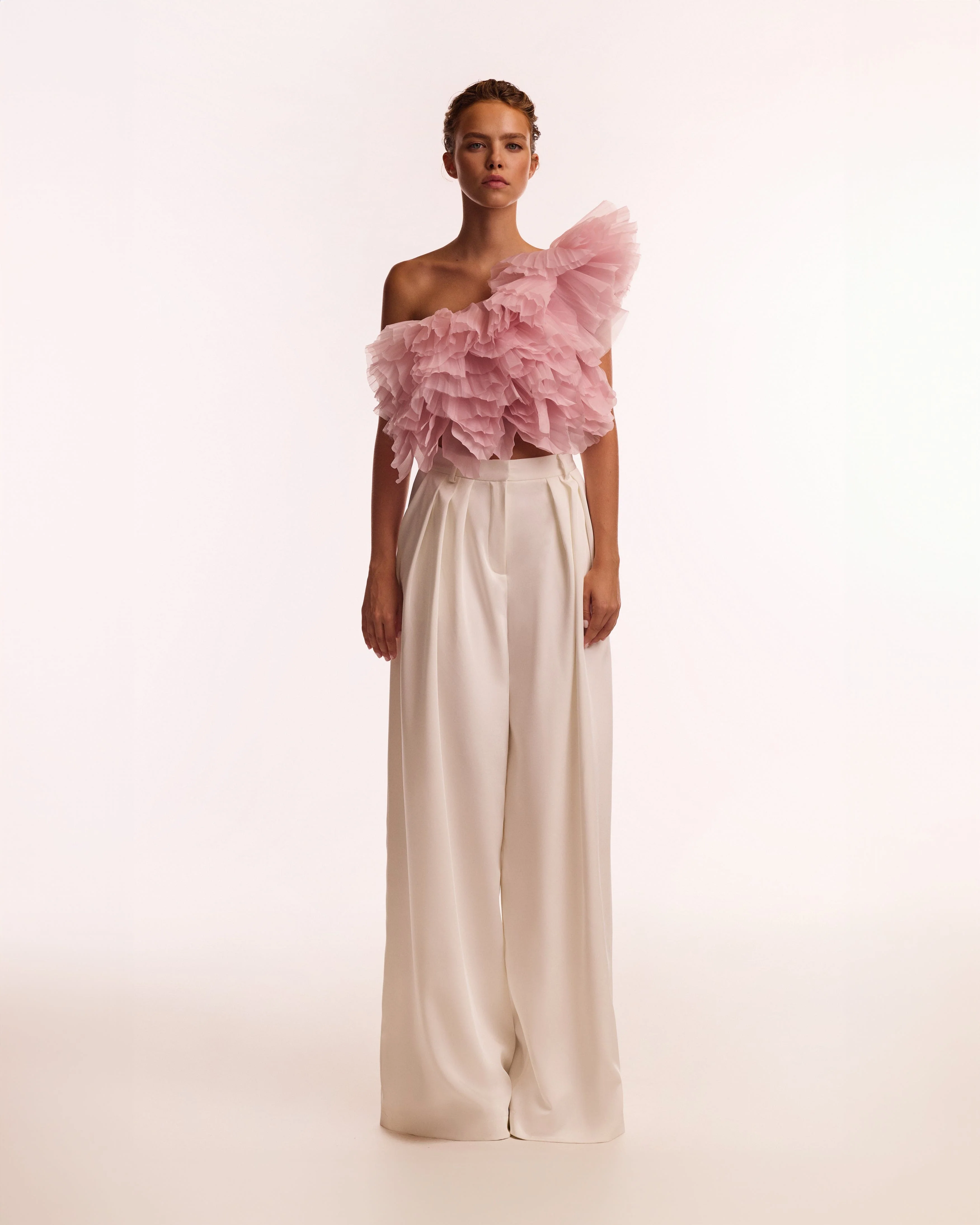 Flirty ruffled one-shoulder organza pink top, Midnight Walk - Image 5