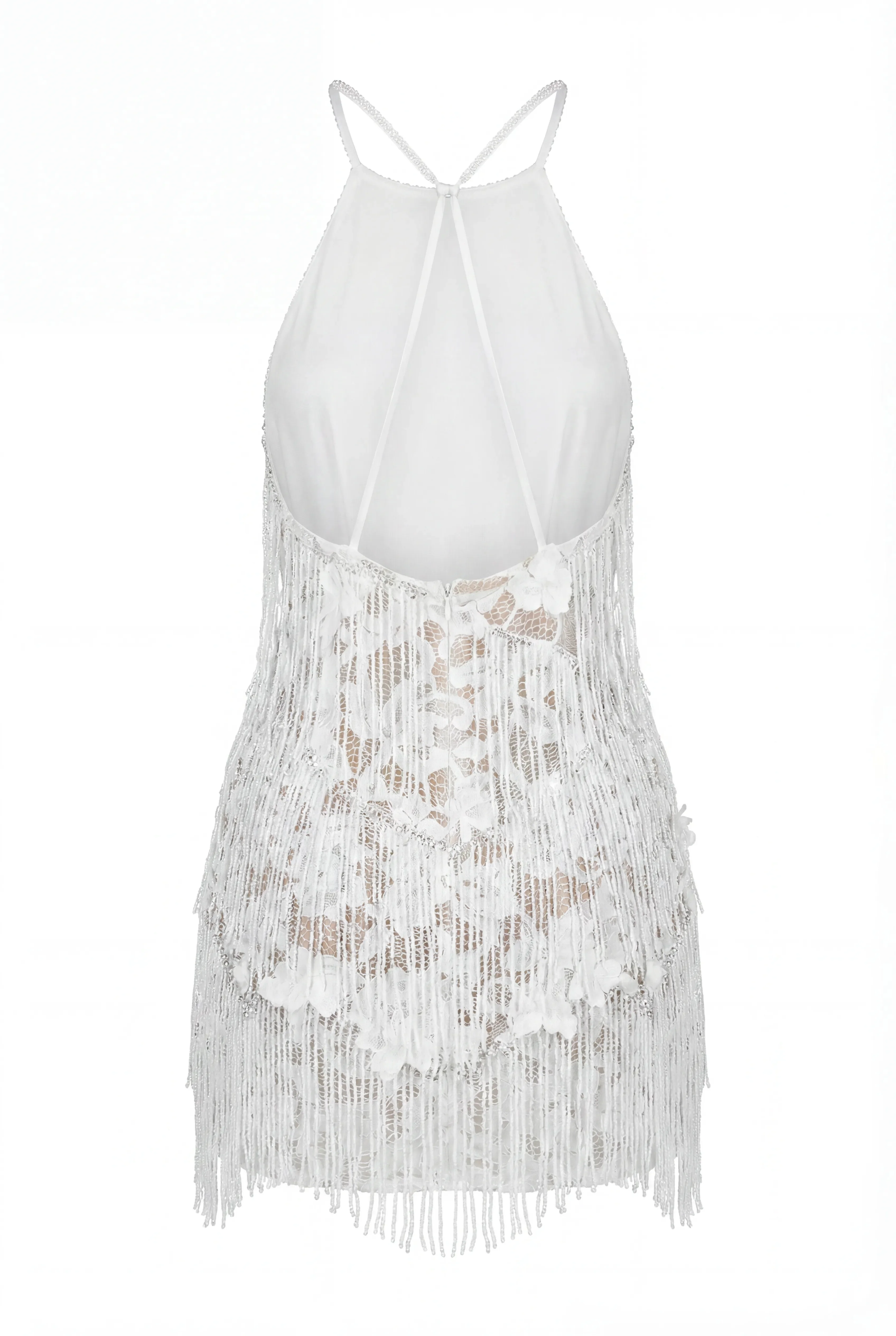 Ivory Lace Mini Dress with Beaded Fringe - Image 4