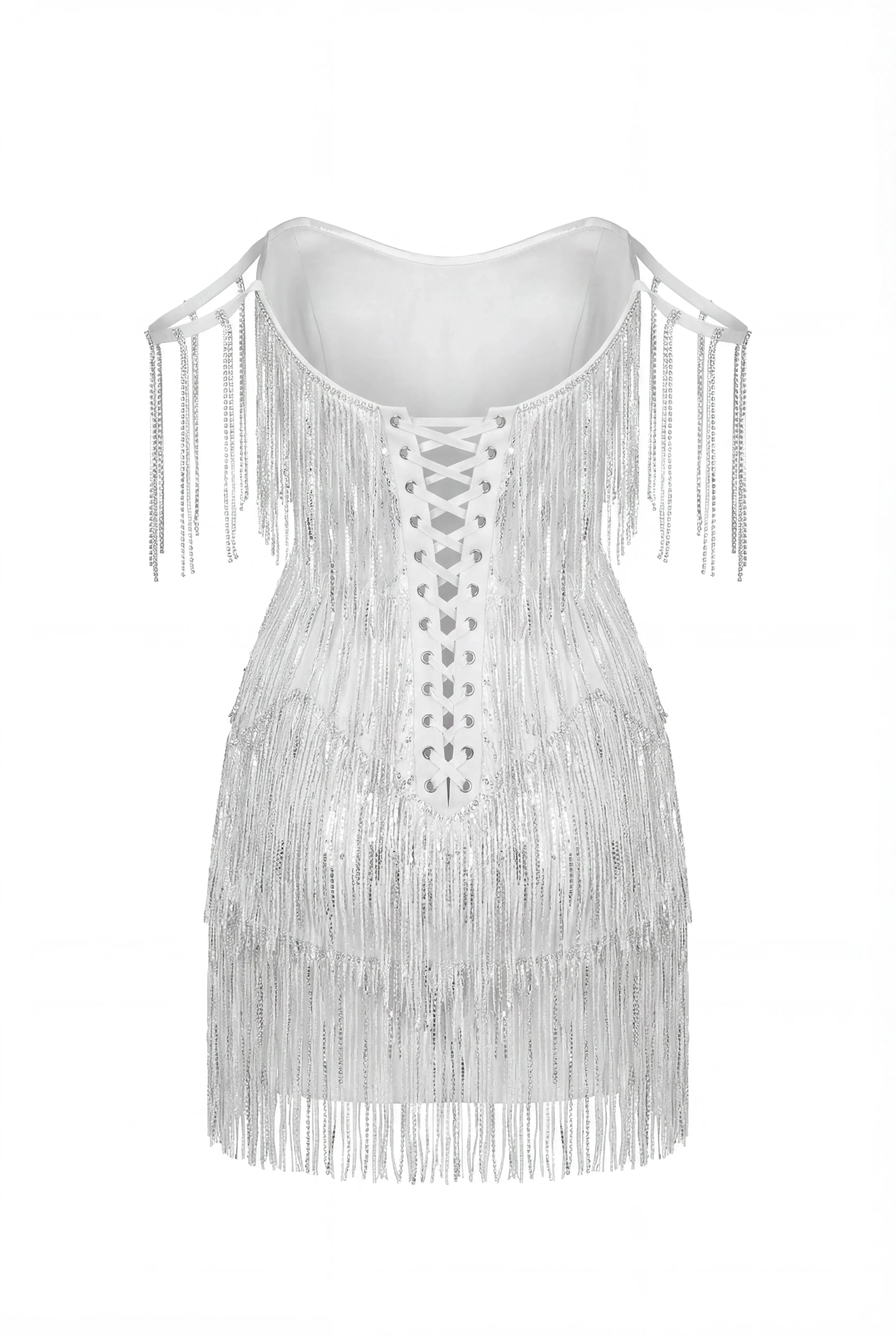 Ivory Mini Dress with Silver Fringe - Image 4