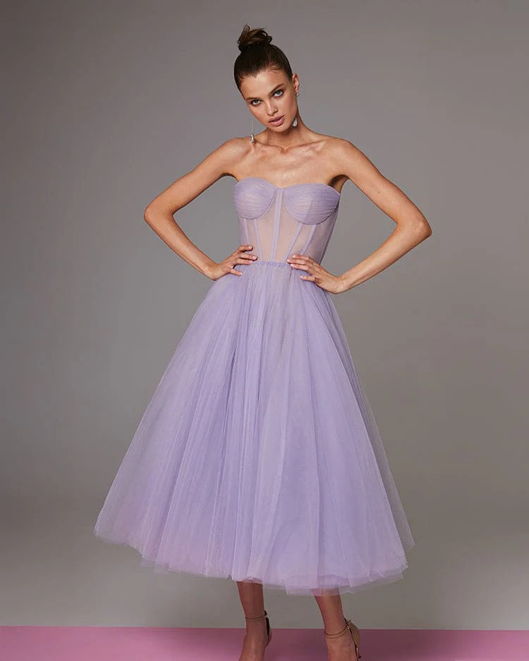 Lavender Strapless Puffy Midi Tulle Dress - Image 3