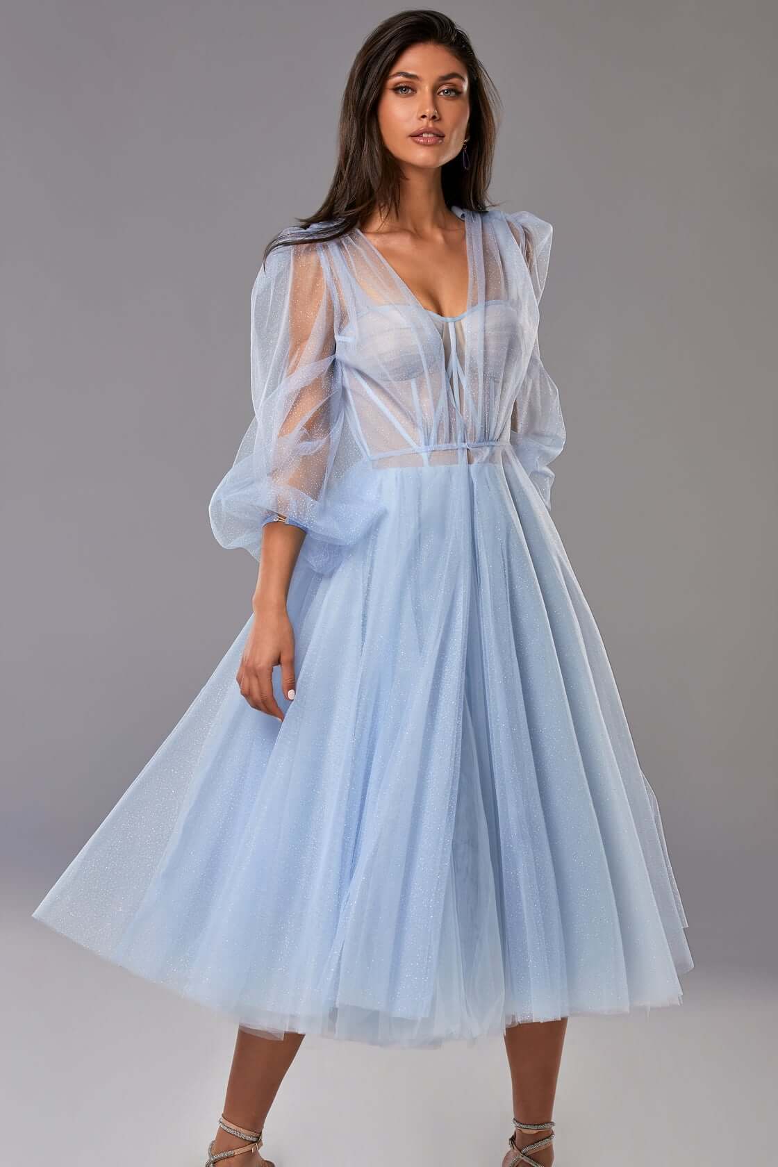 Light Blue Tie shoulder midi tulle dress