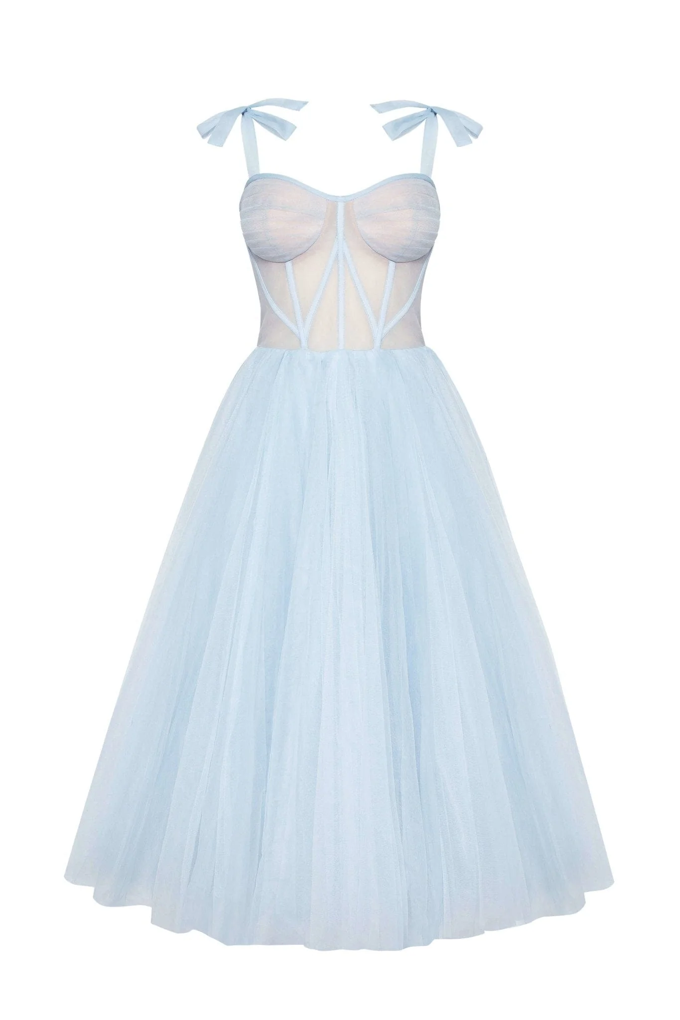 Light Blue Tie shoulder midi tulle dress - Image 5
