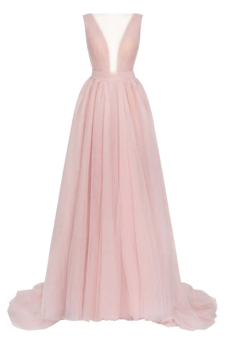 Misty Rose Bow-Back Maxi Evening Tulle Dress