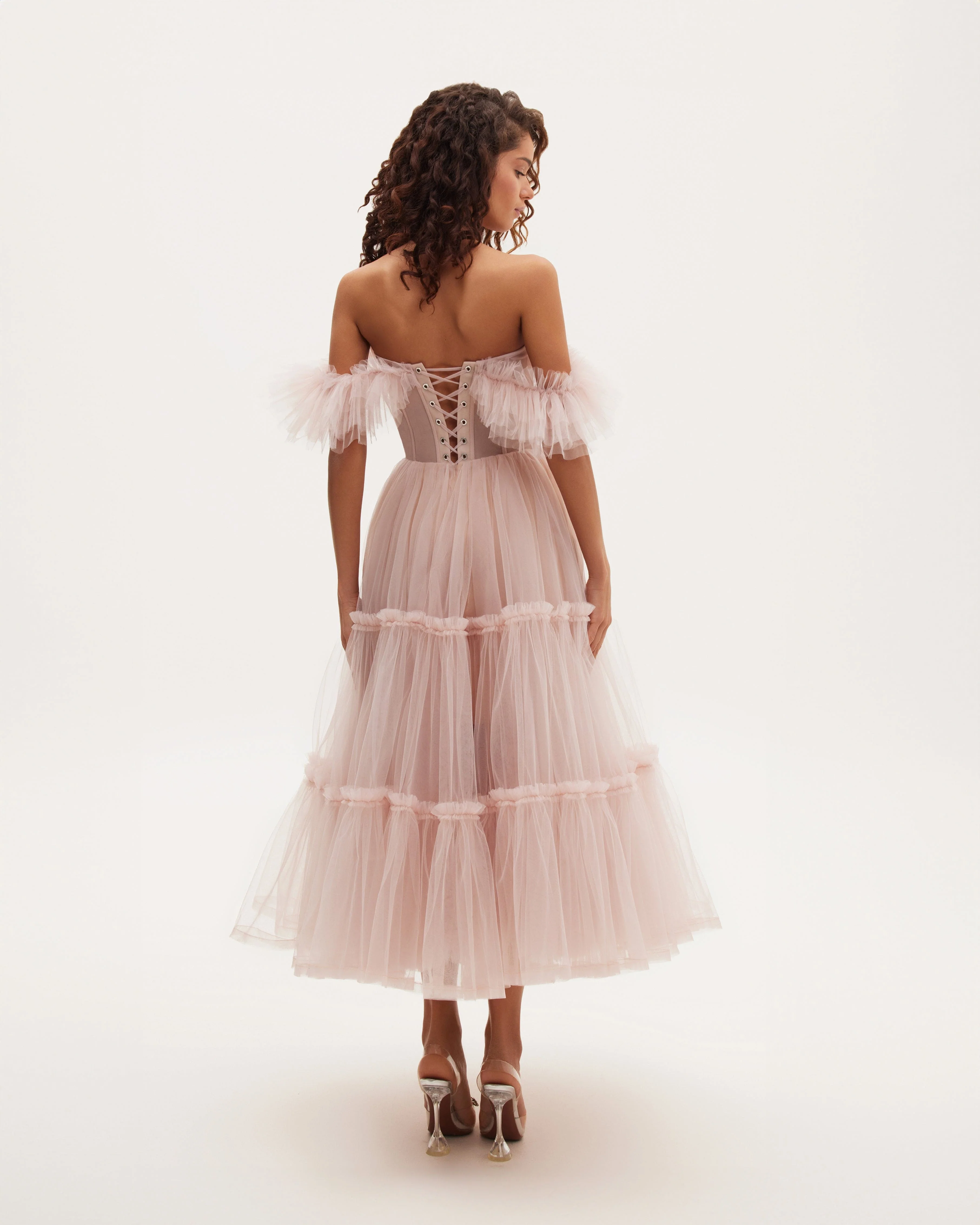 Misty Rose Ruffled Tulle Midi Dress - Image 3