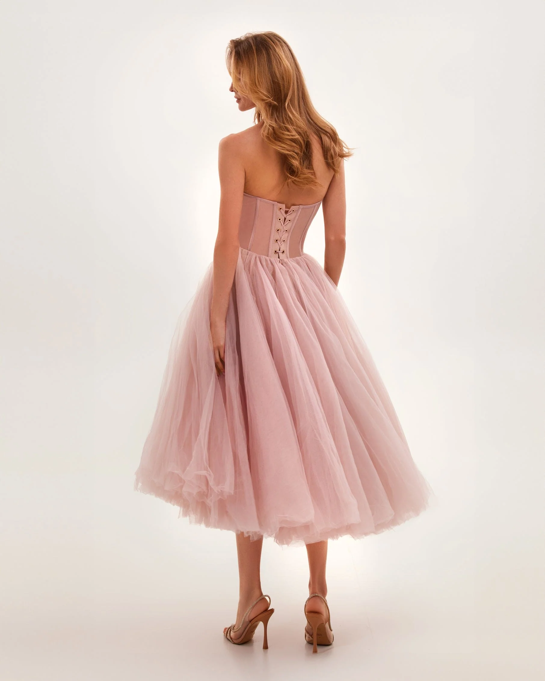 Misty Rose Strapless Puffy Midi Tulle Dress - Image 3