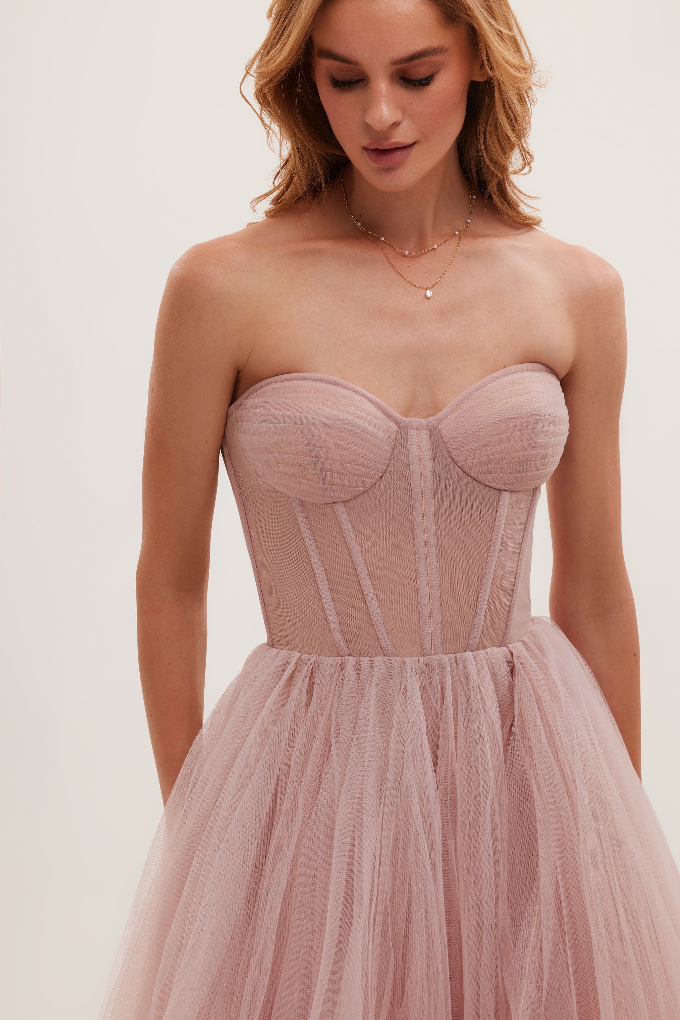 Misty Rose Strapless Puffy Midi Tulle Dress - Image 5