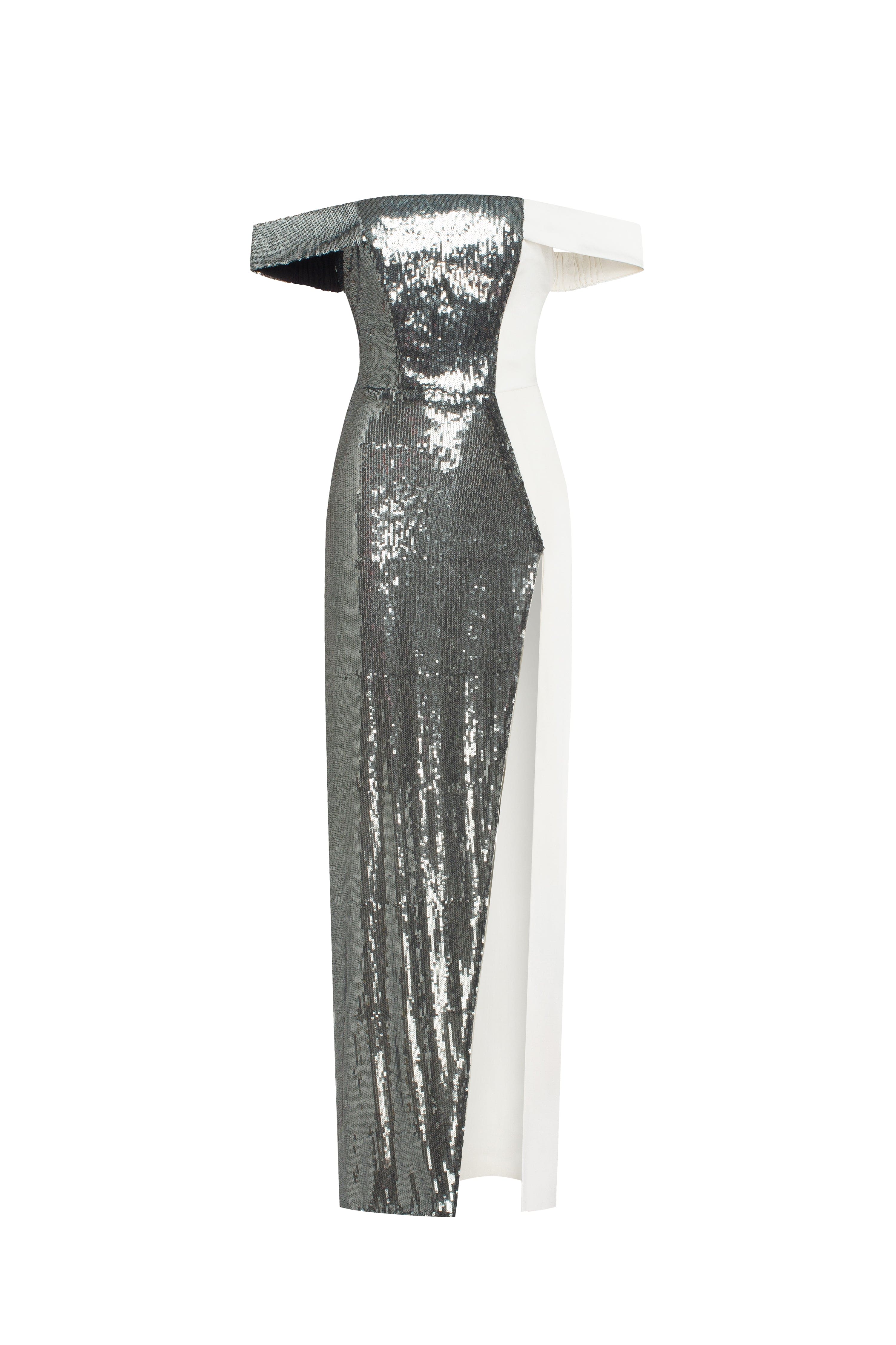 Noteworthy white satin maxi gown covered in silver sequins, Xo Xo - Image 2