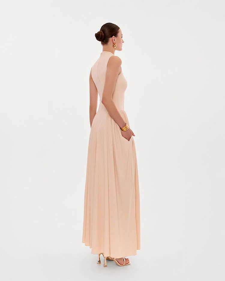 Nude sleeveless mock neck dress with a pleated maxi skirt - Image 3