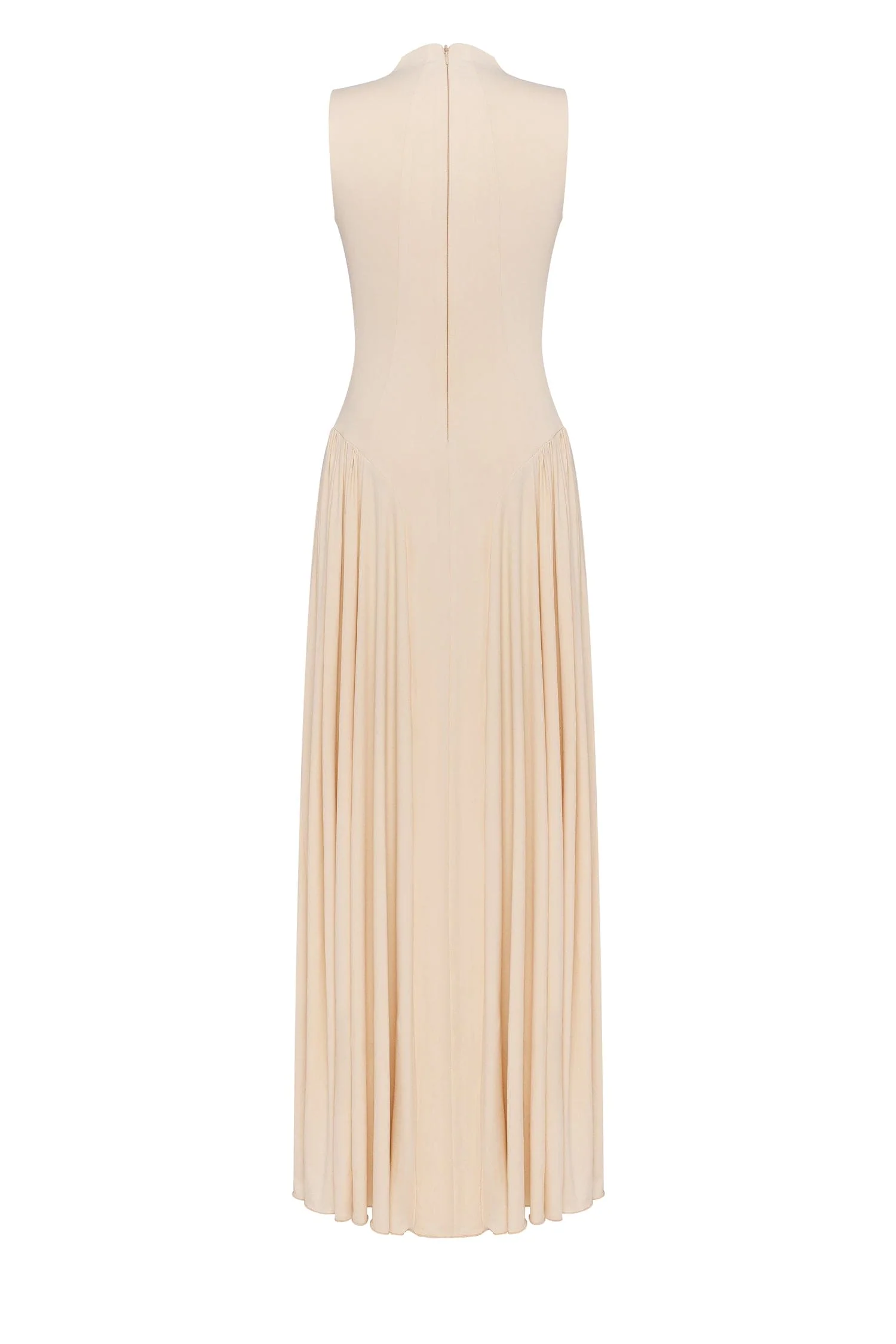 Nude sleeveless mock neck dress with a pleated maxi skirt - Image 4